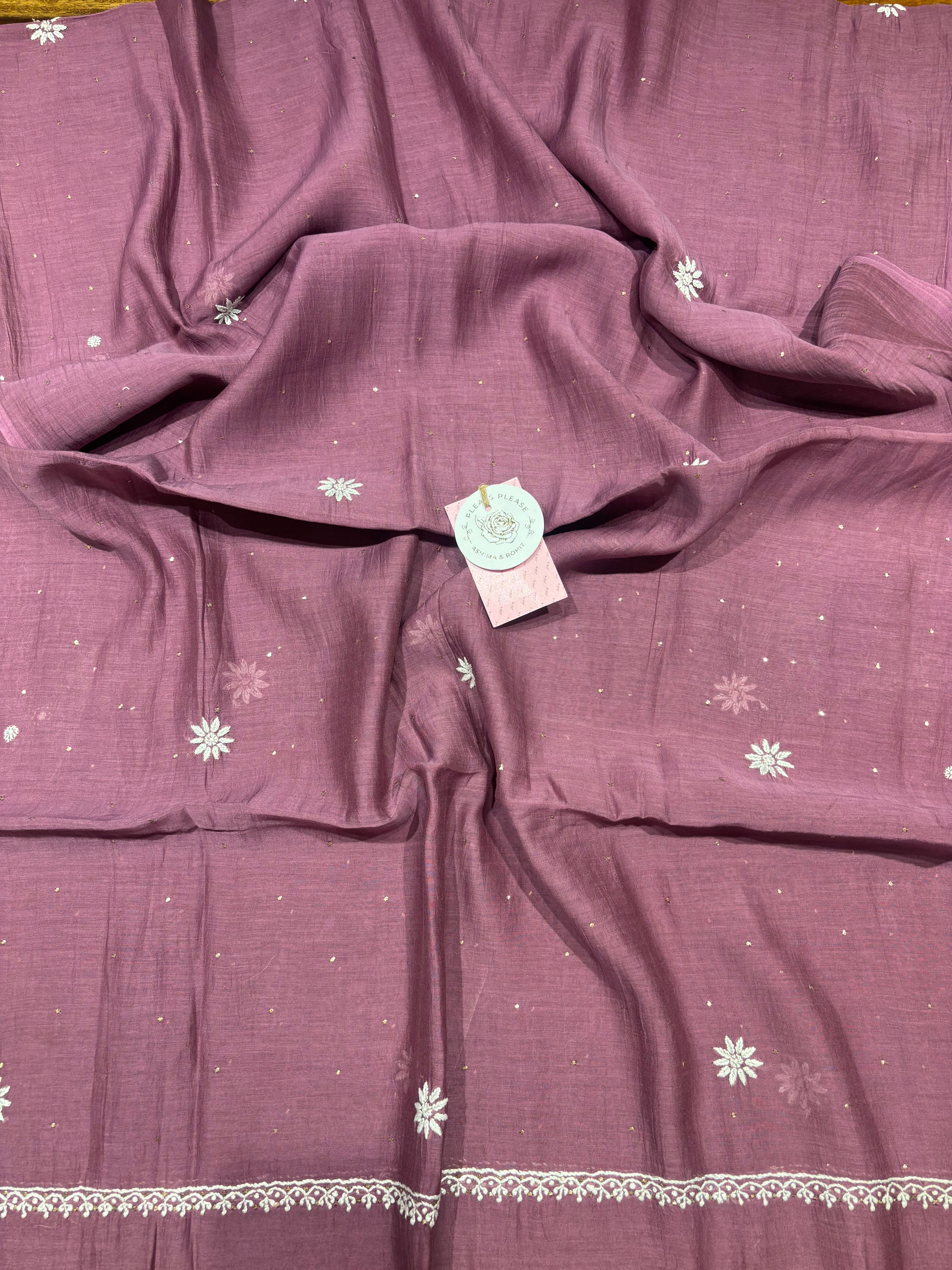 Aubergine Chanderi Mul Chikankari & Mukaish Kurta & Dupatta Set