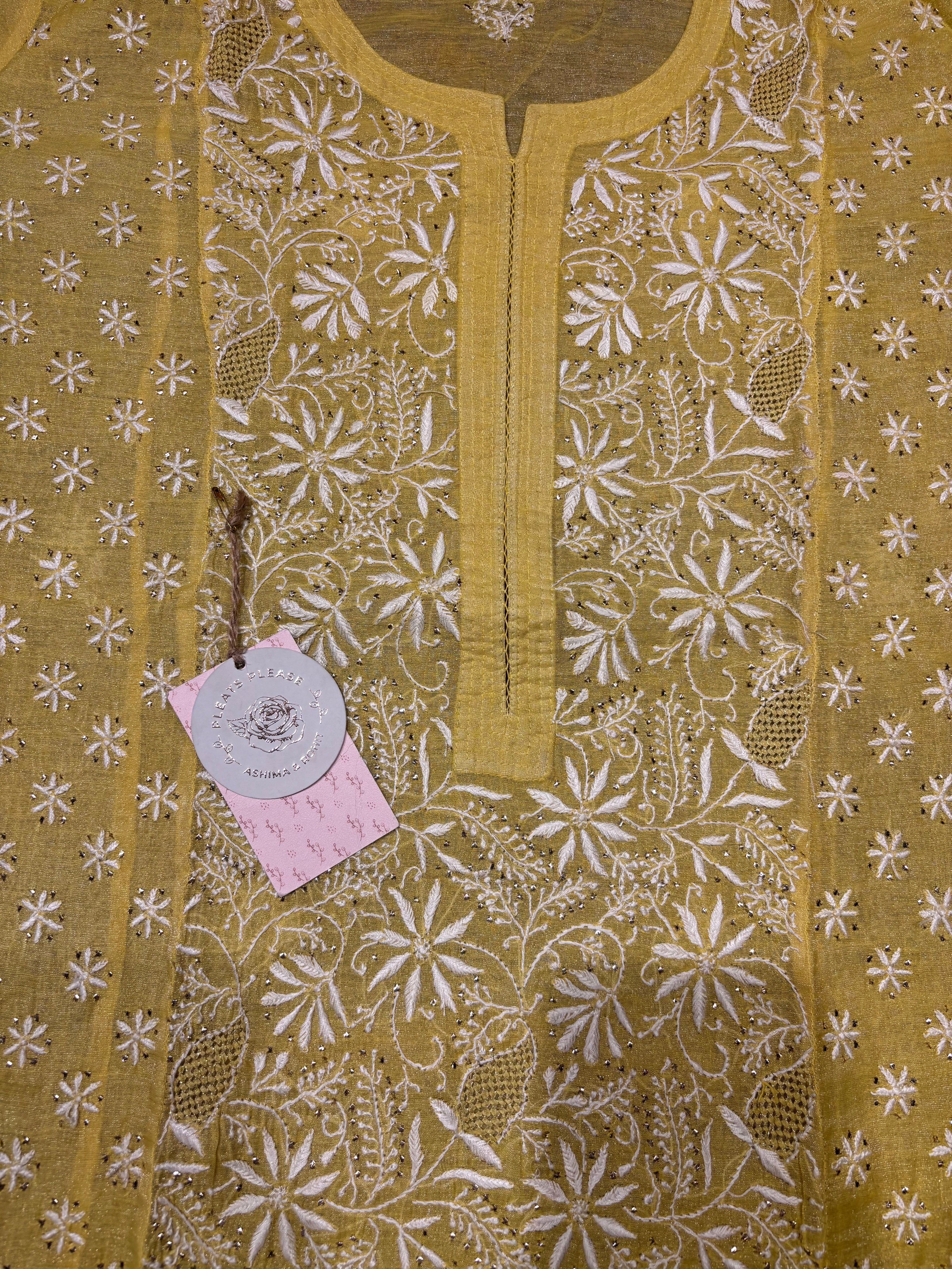Lime yellow Pure Tissue Chikankari Kurta and Dupatta set