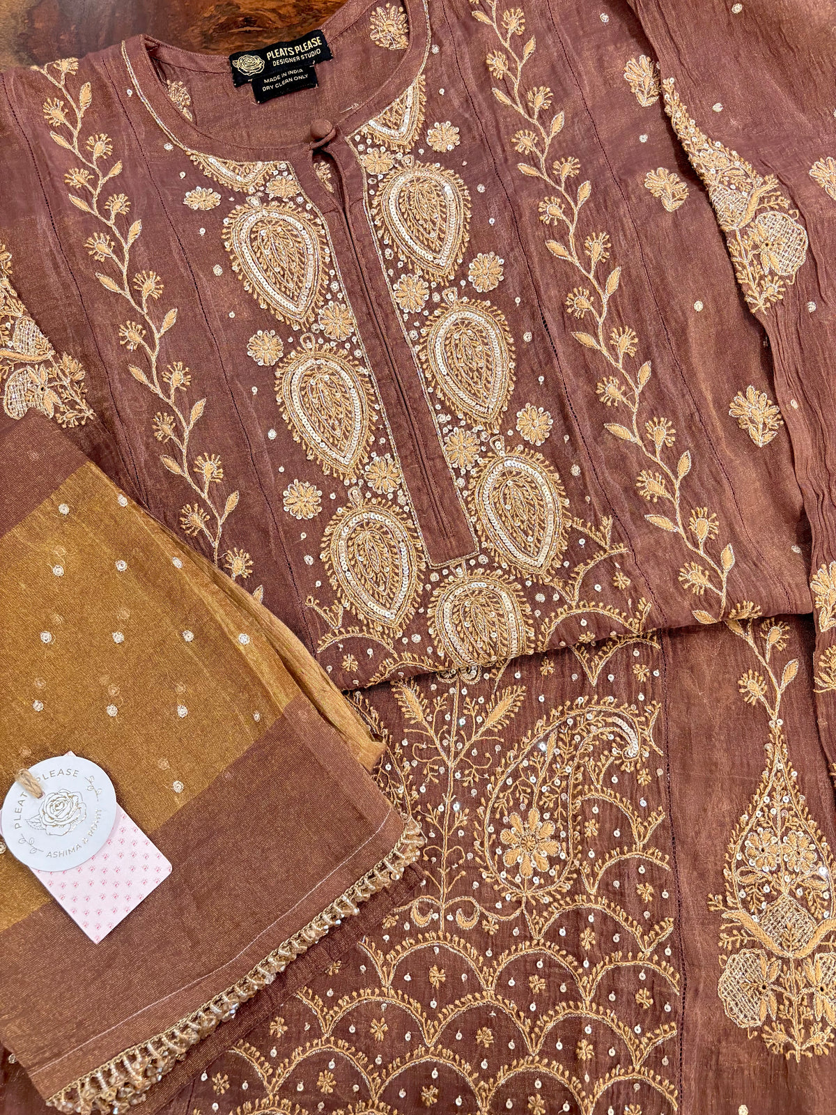 Walnut Brown Pure & Premium Tissue Chikankari Kurta & Dupatta