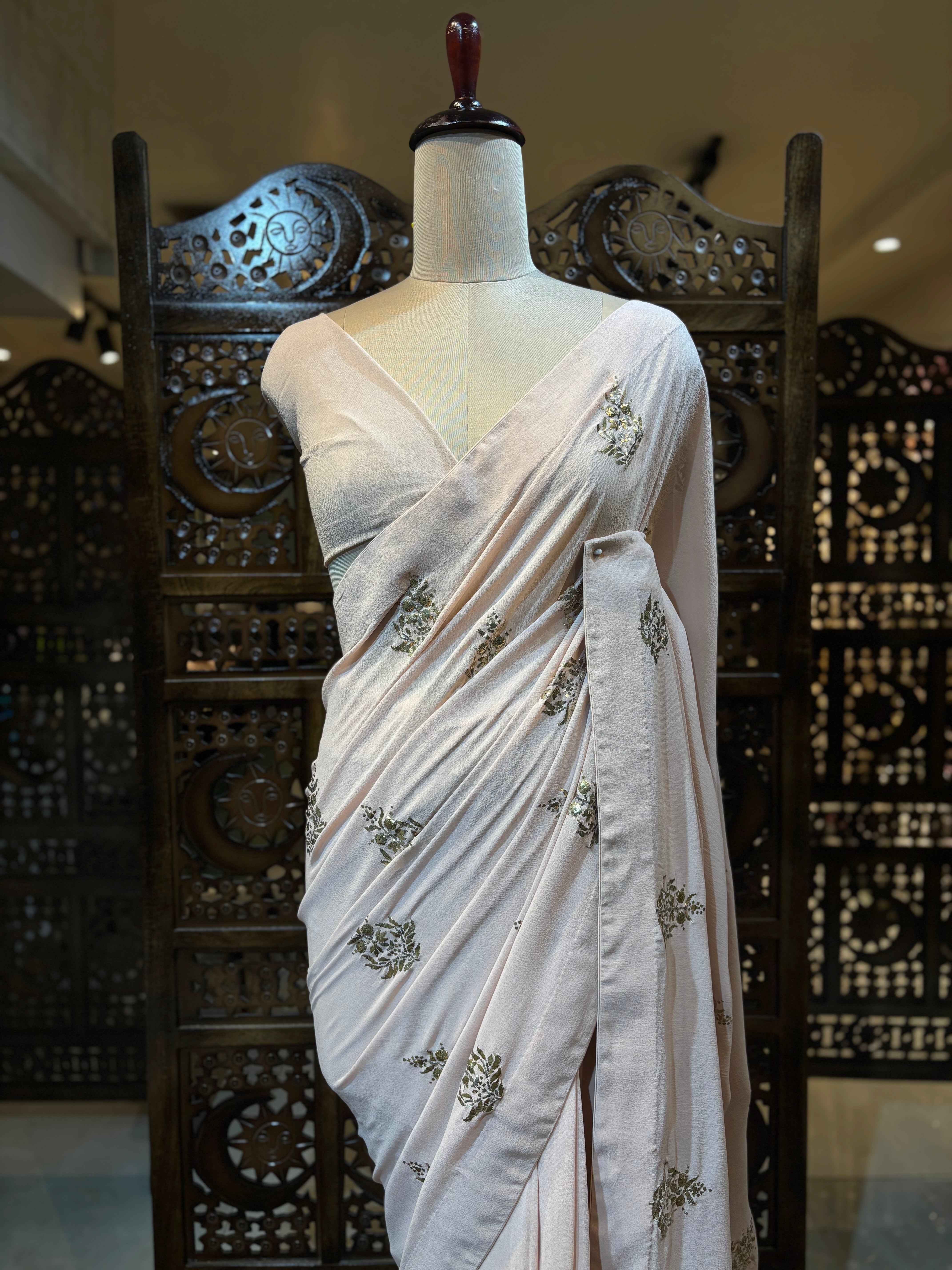 Dusty Peach Pure Georgette Badla Saree and Blouse - Pleats PleaseChikankari