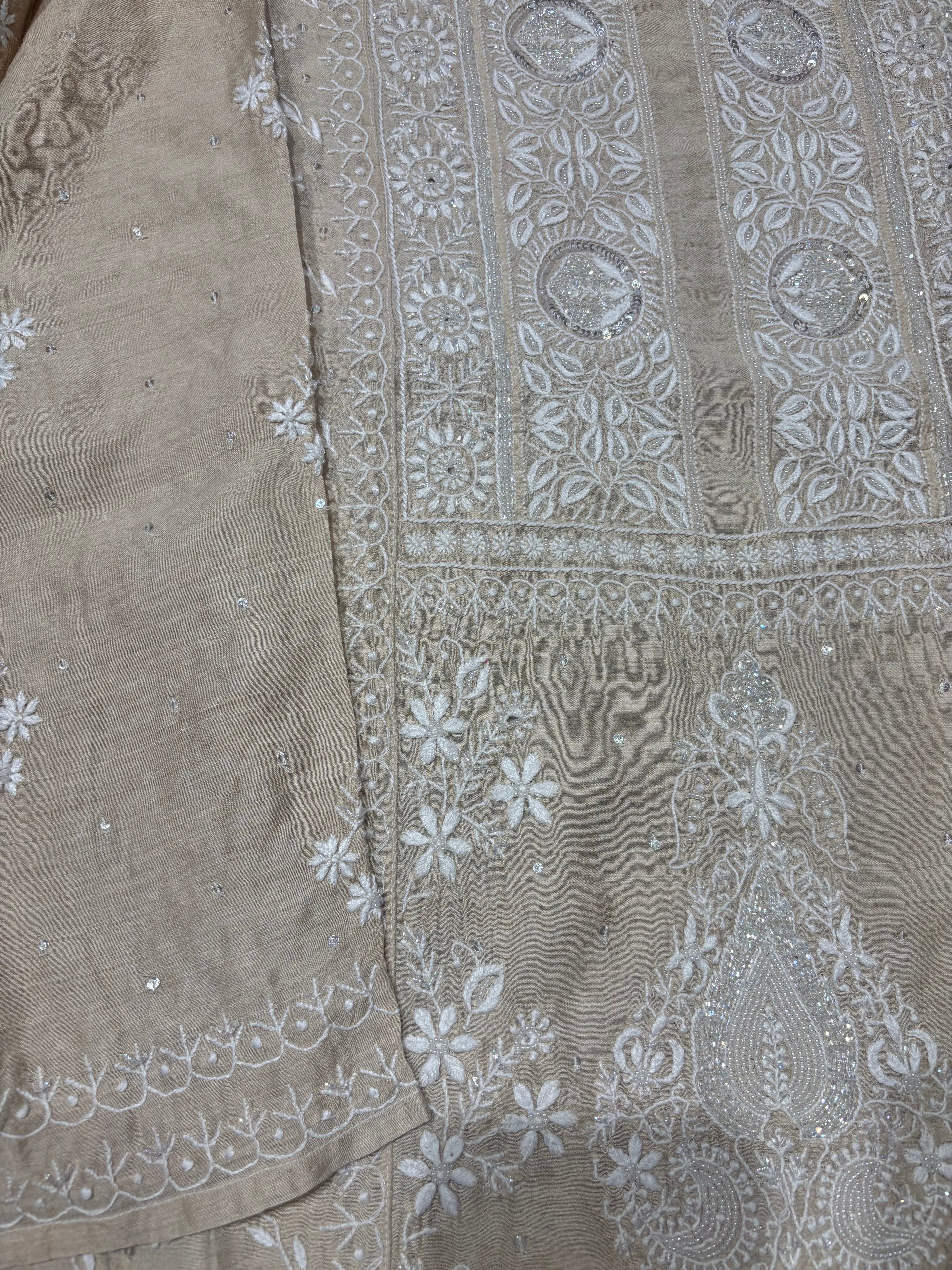 Dyeable Monga Silk Chikankari Kurta and Dupatta set