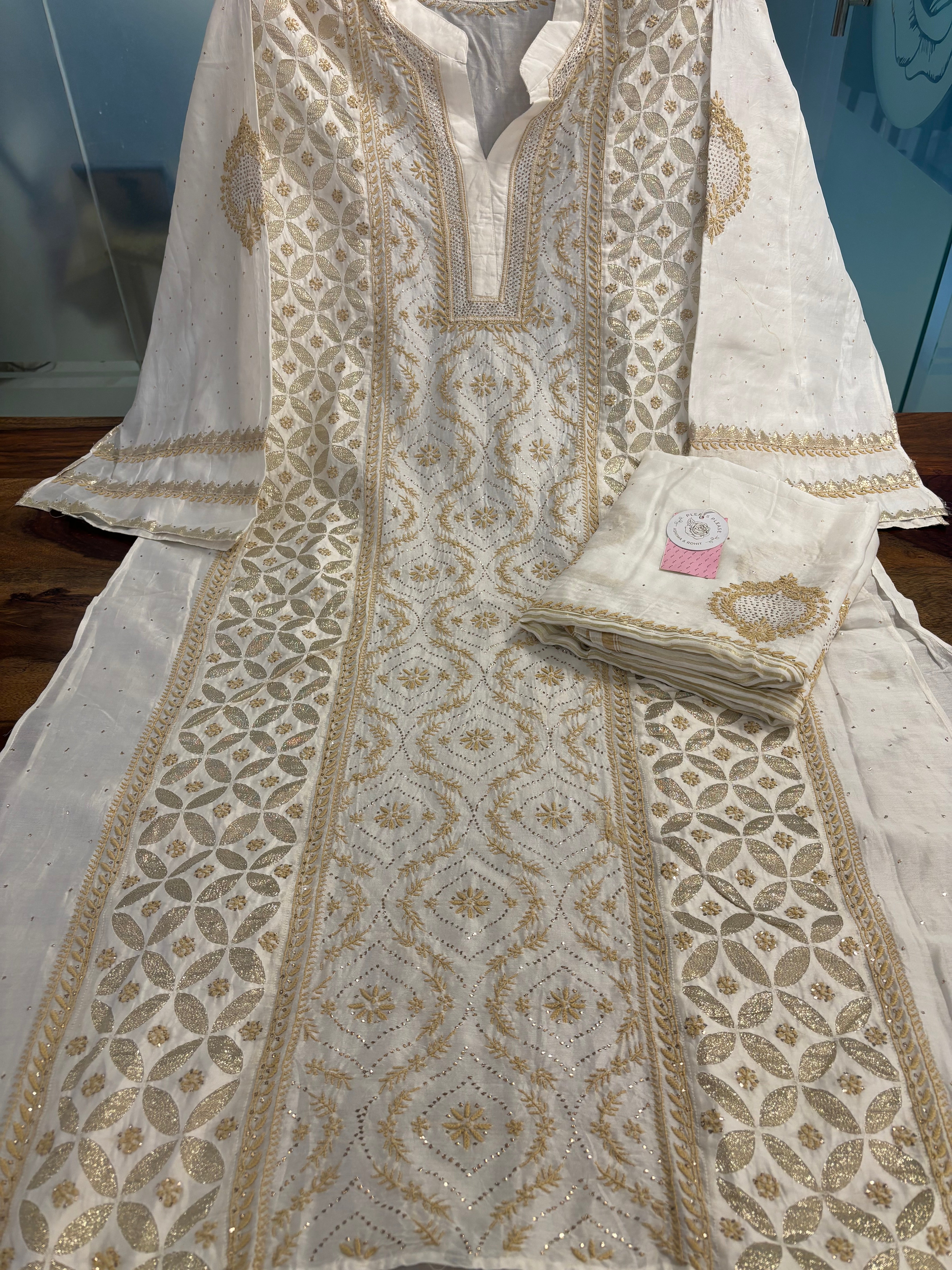 Dyeable Chanderi Chikankari Mukaish Kurta & Dupatta - Pleats PleaseChikankari