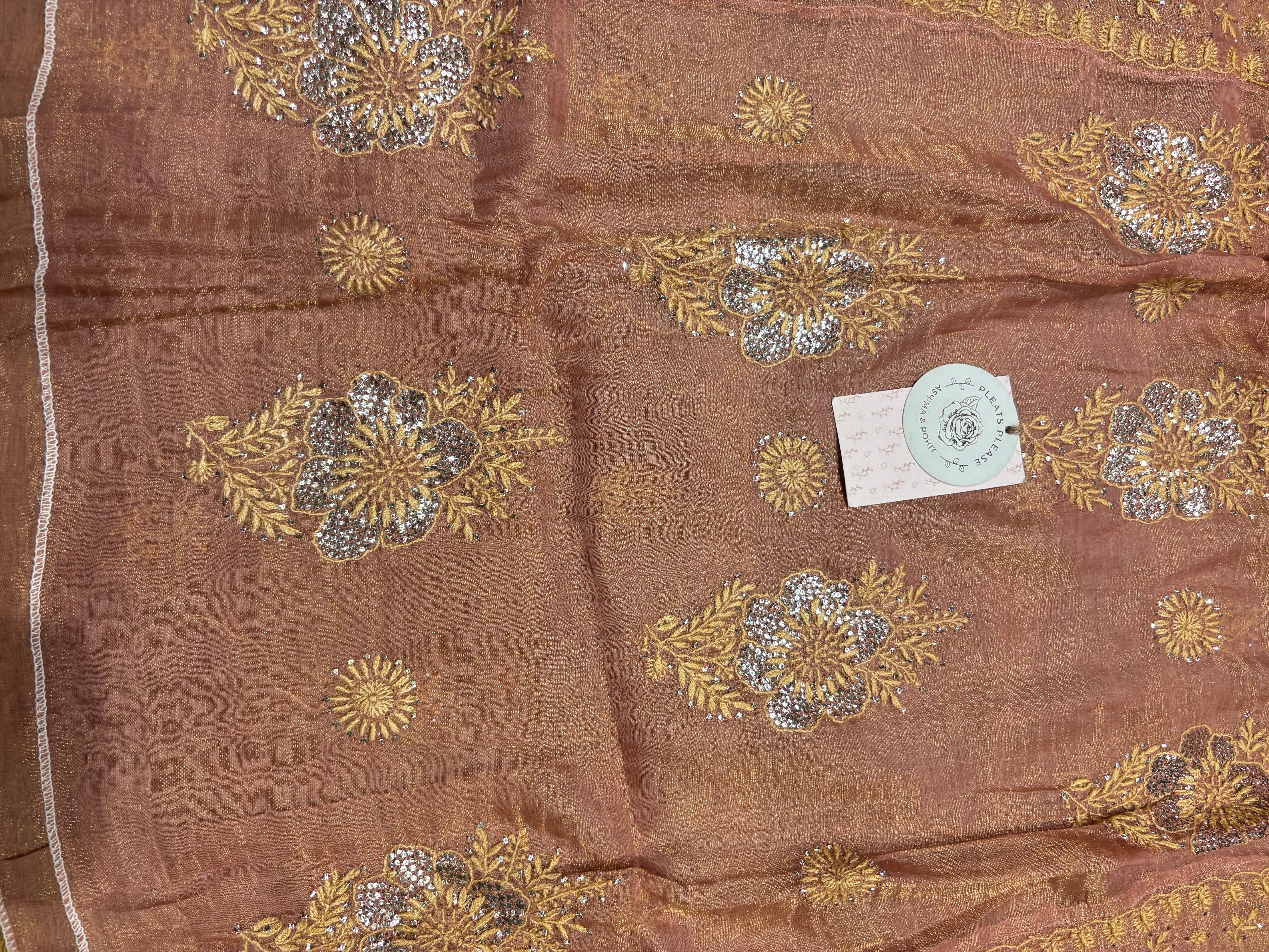 Rose Gold pure & Premium Tissue Chikankari & Mukaish Angrakha Kurta and Dupatta Set