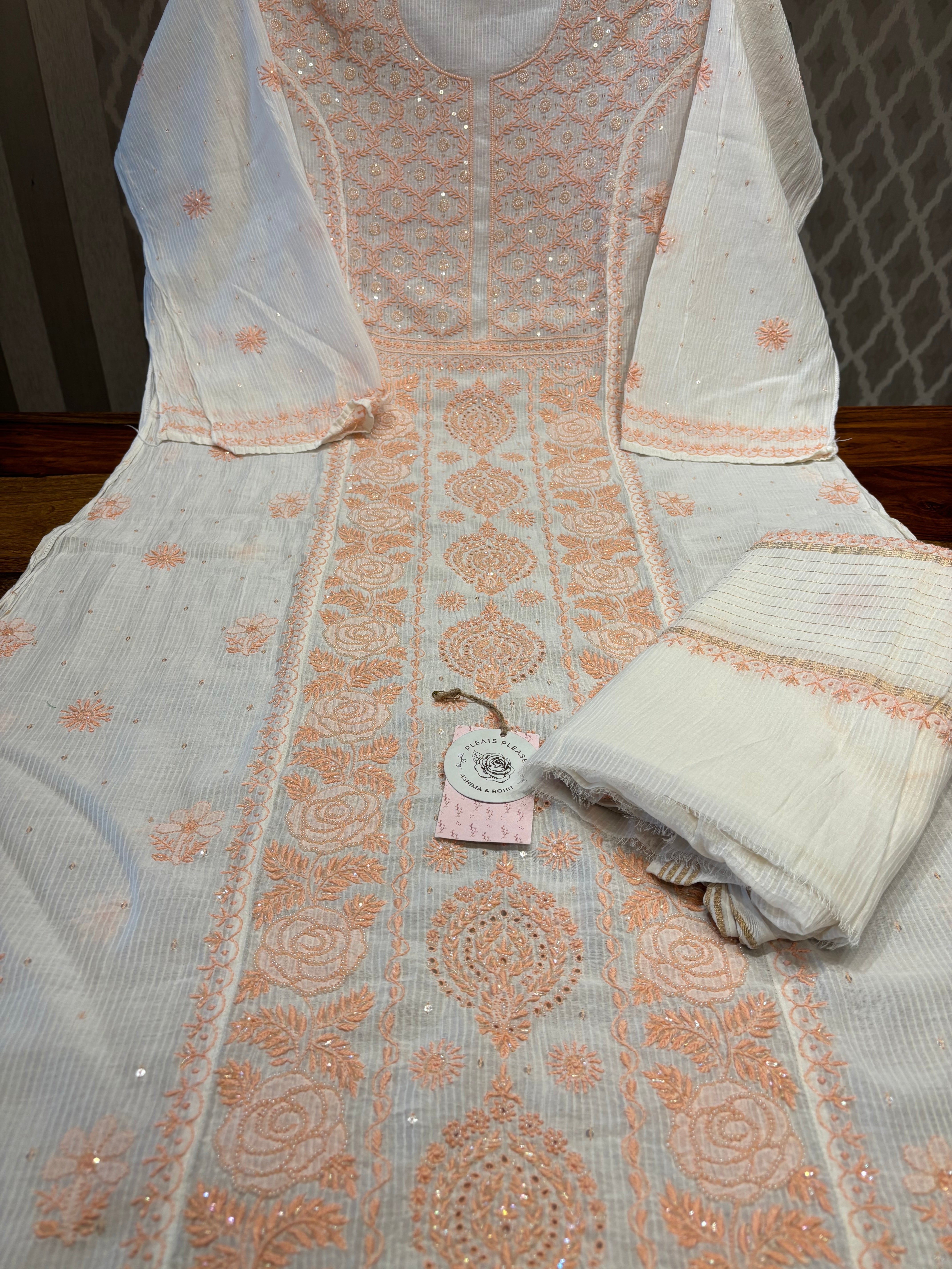 Dyeable Chanderi Maheshwari Chikankari Kurta And Dupatta Set