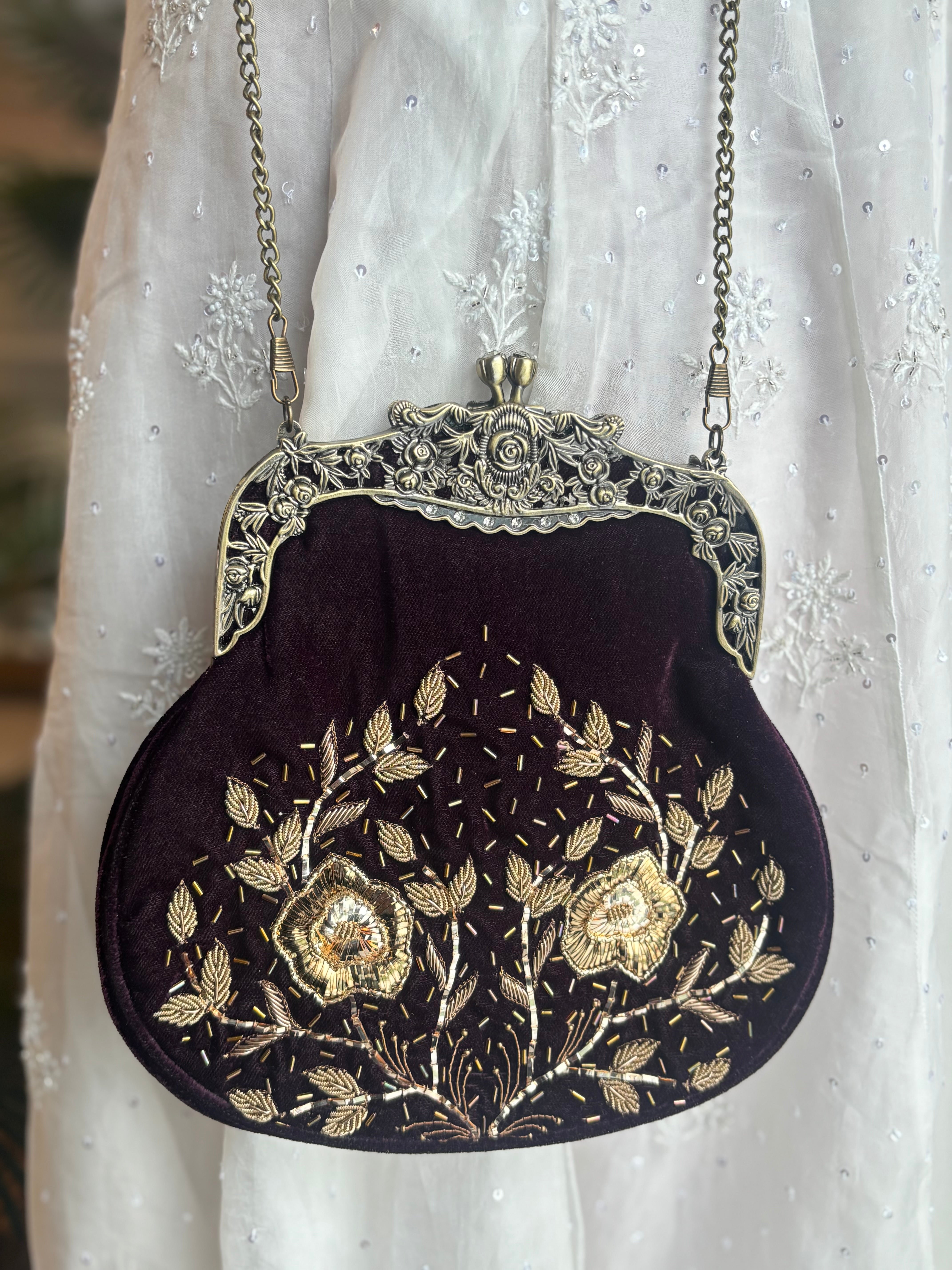 Windsor Wine Velvet Mukaish Clutch