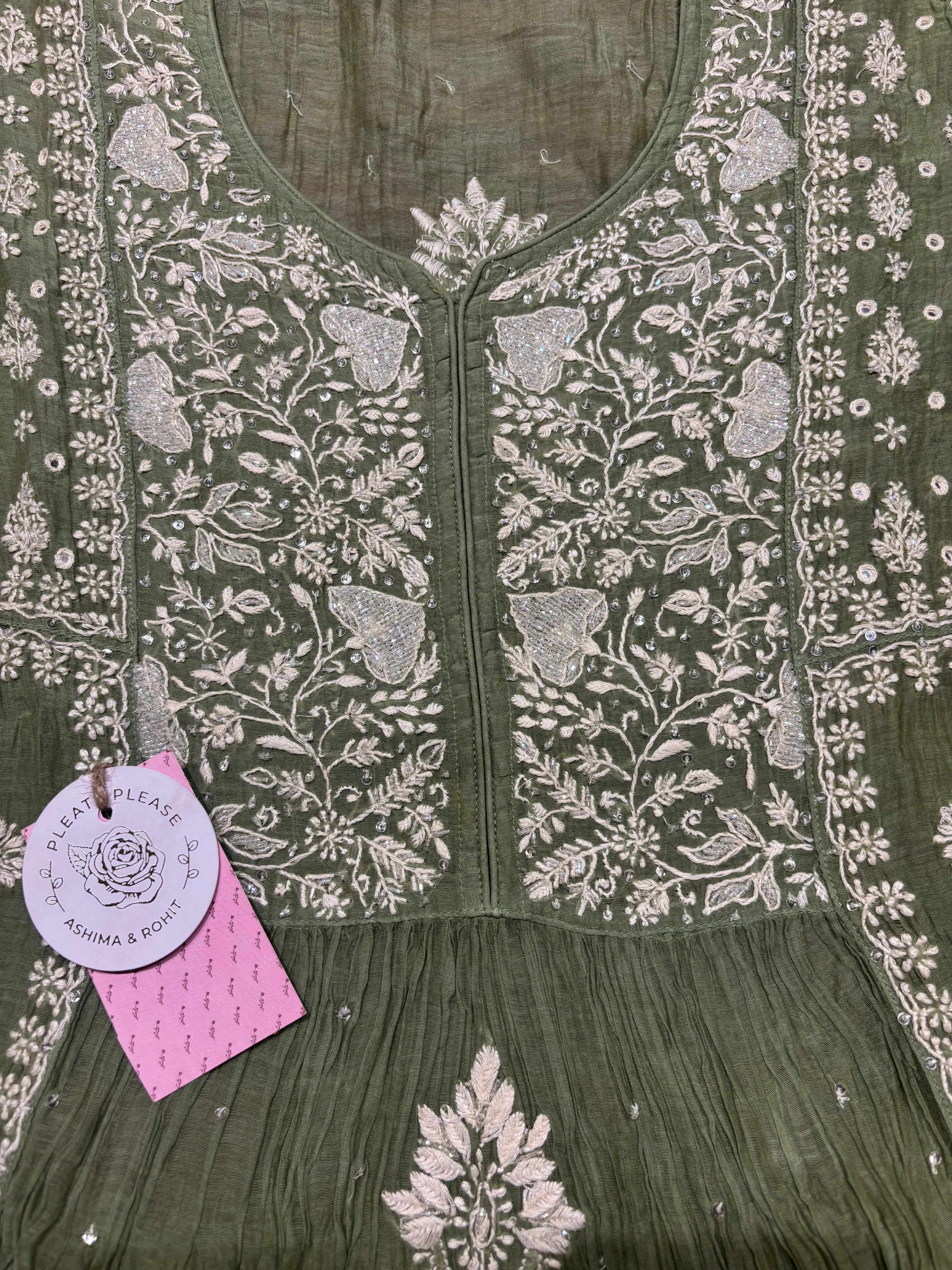 Sage Green Chanderi Mul Chikankari Kurta, Sharara & Dupatta Set