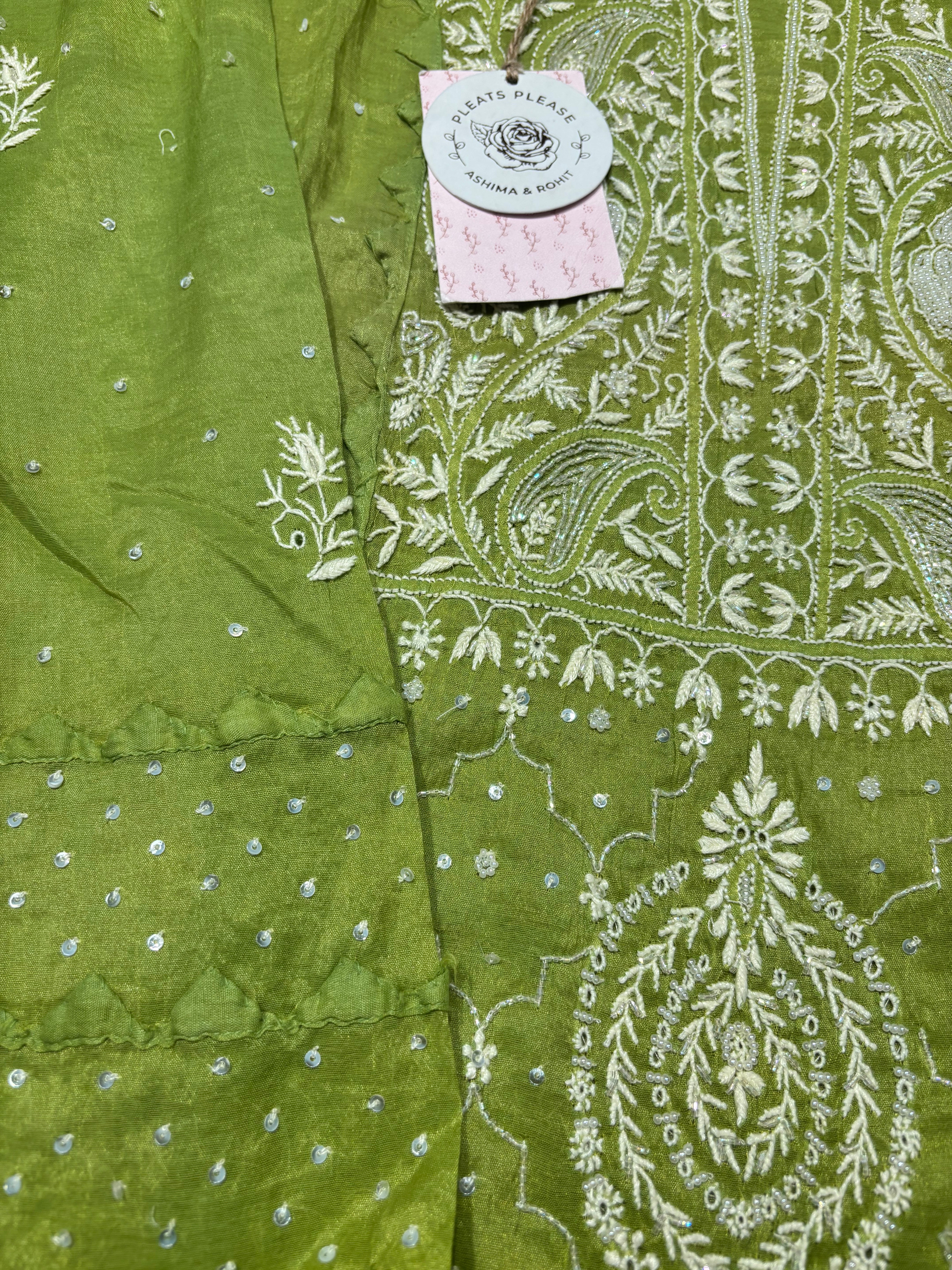 Green Chanderi Silk Chikankari Kurta And Dupatta Set