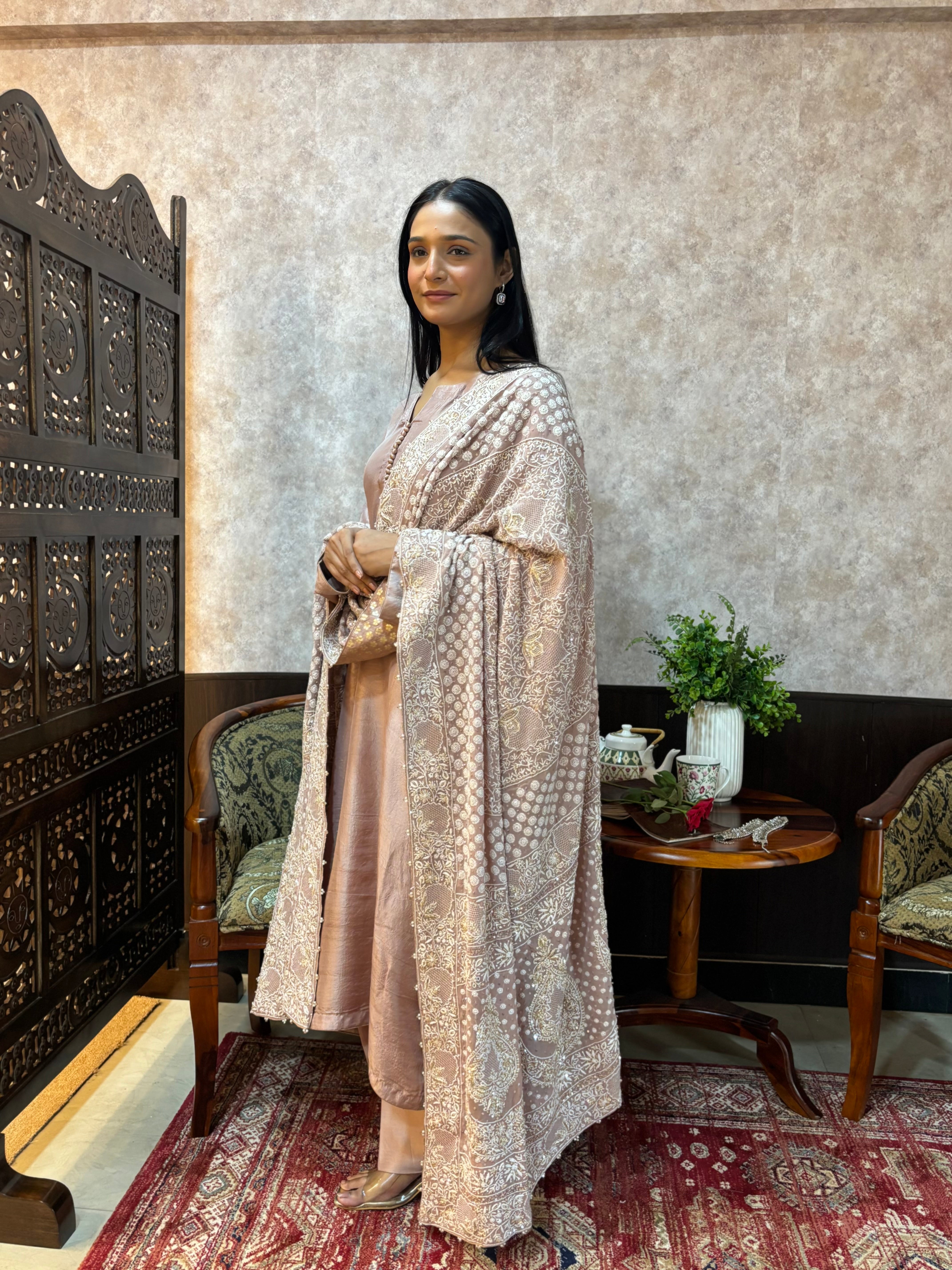 Dusty Rose Gold Pure and Premium Silk kurta and Bottom Georgette Chikankari Dupatta Set