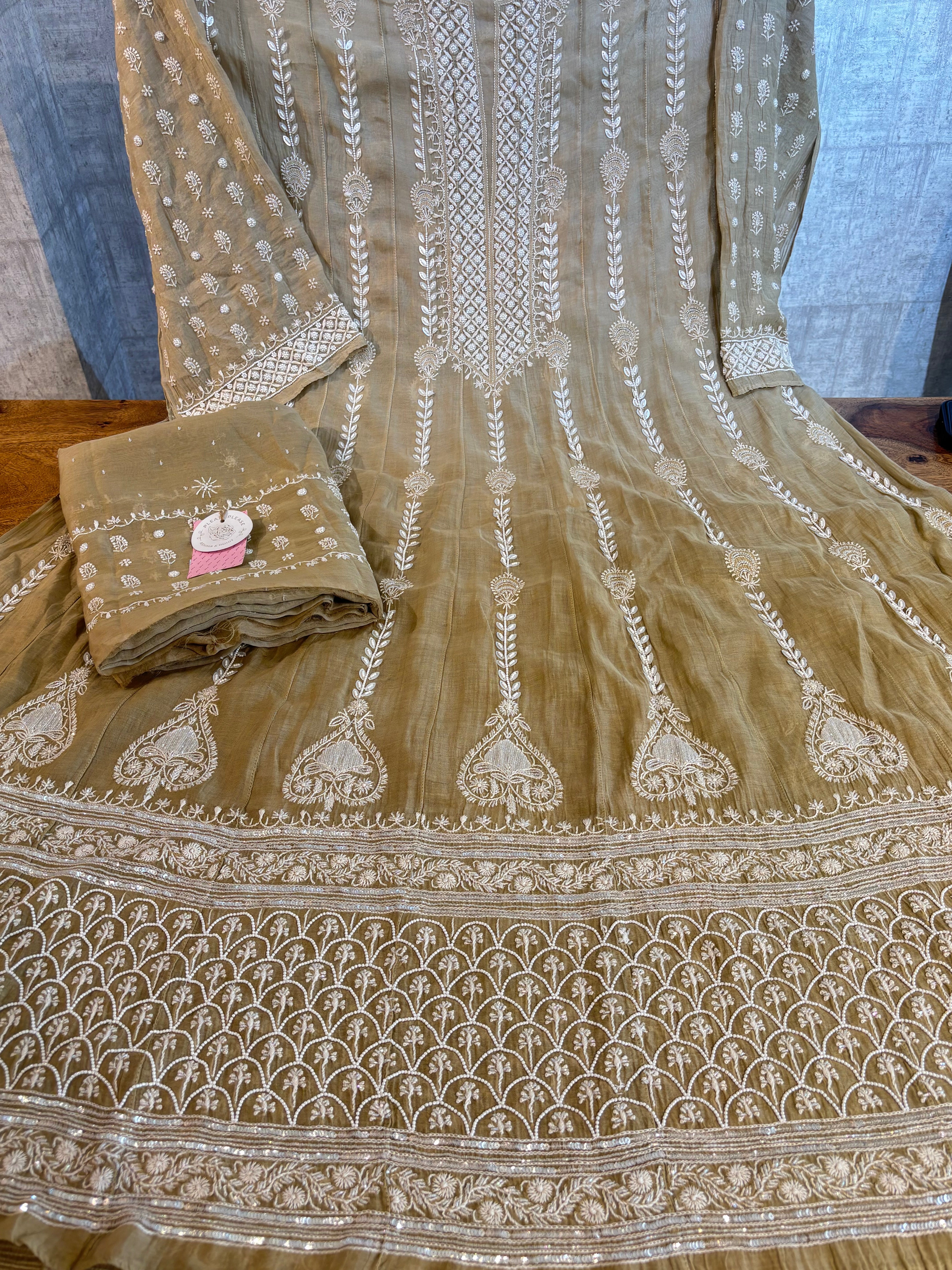 Earthy Brown Ombré Chanderi Chikankari Anarkali & Dupatta