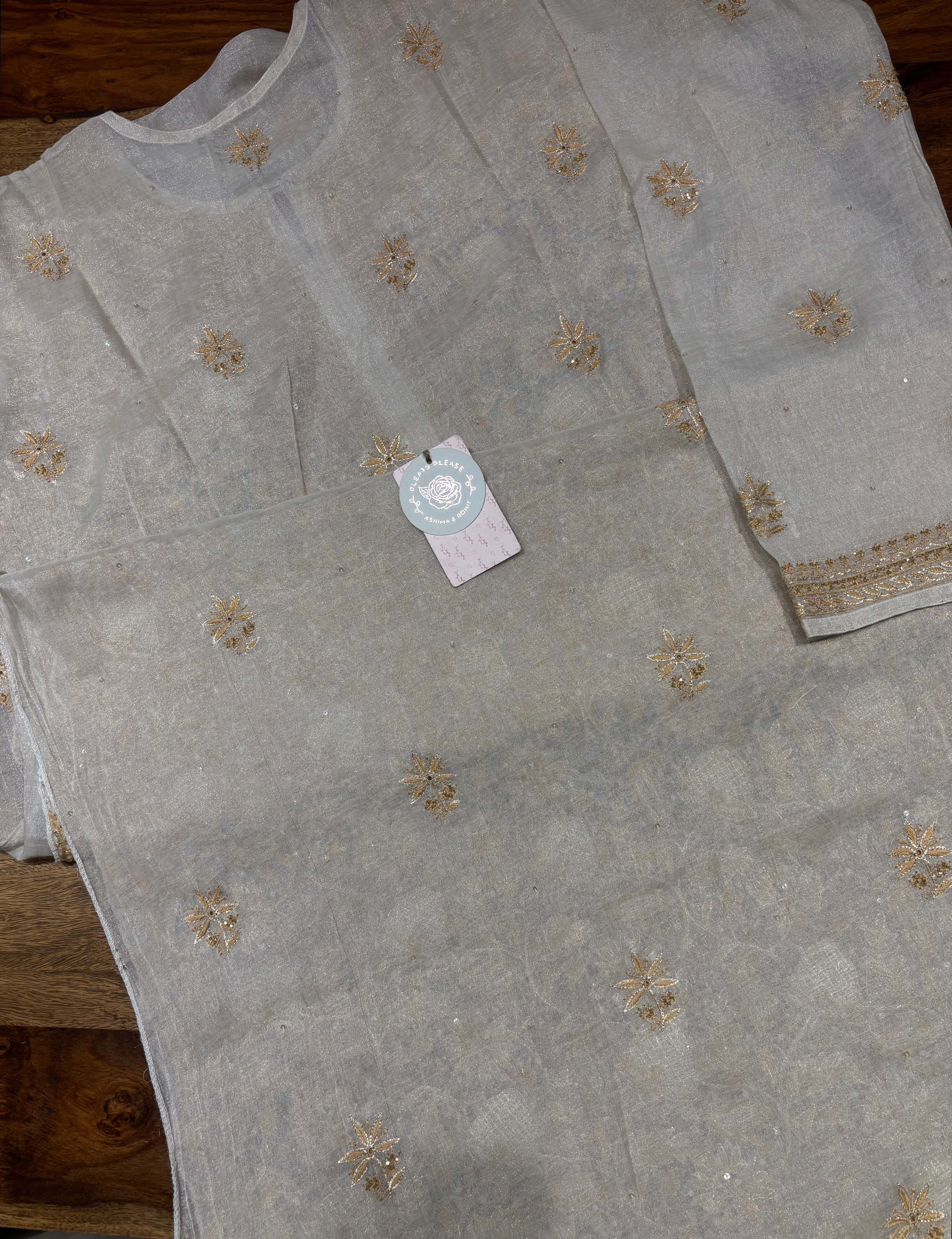 Dyeable Pure & Premium Silver Tissue Chikankari Kurta & Dupatta Set