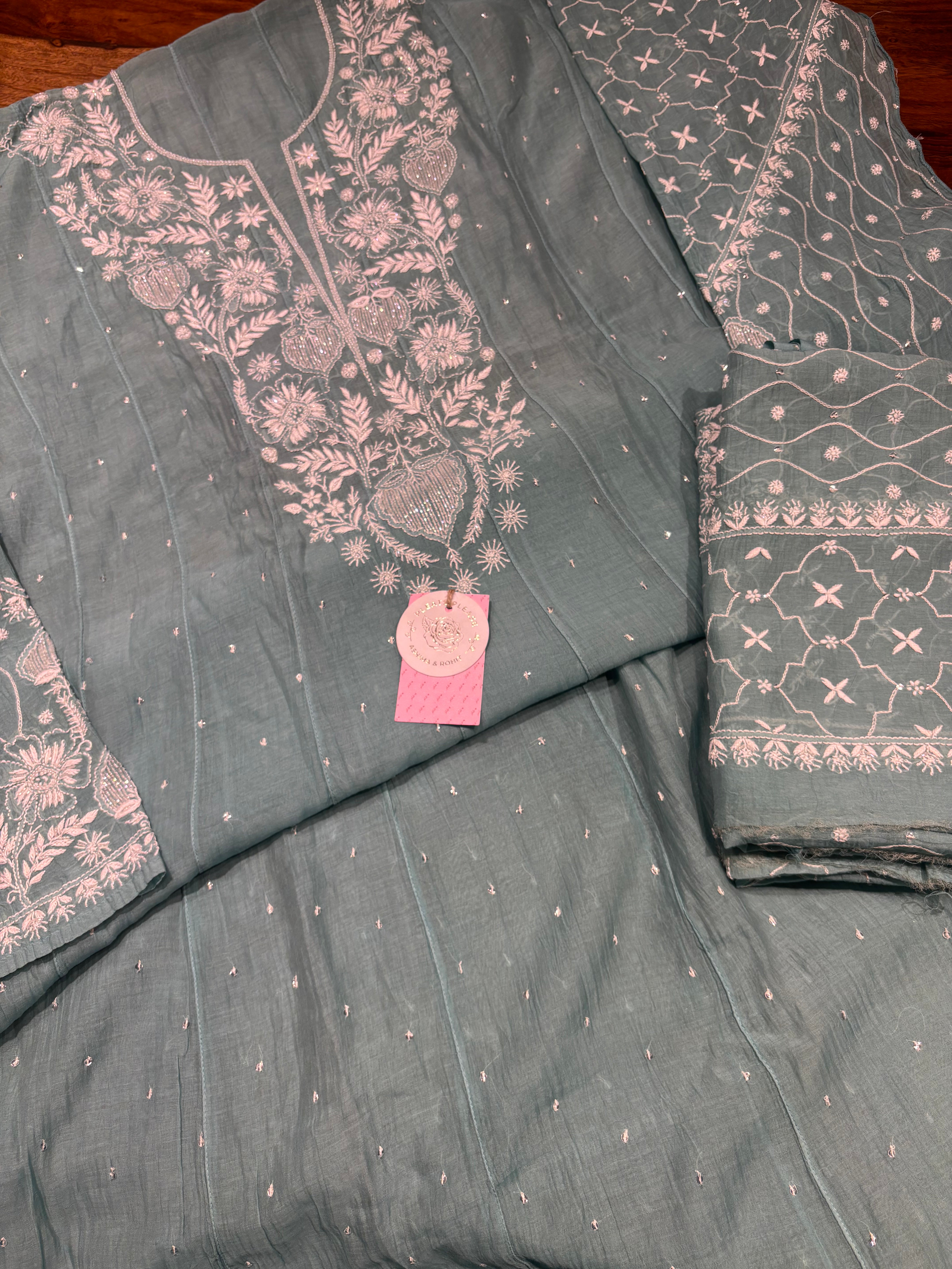 Turquoise Green Chanderi Mul Chikankari Anarkali & Dupatta Set