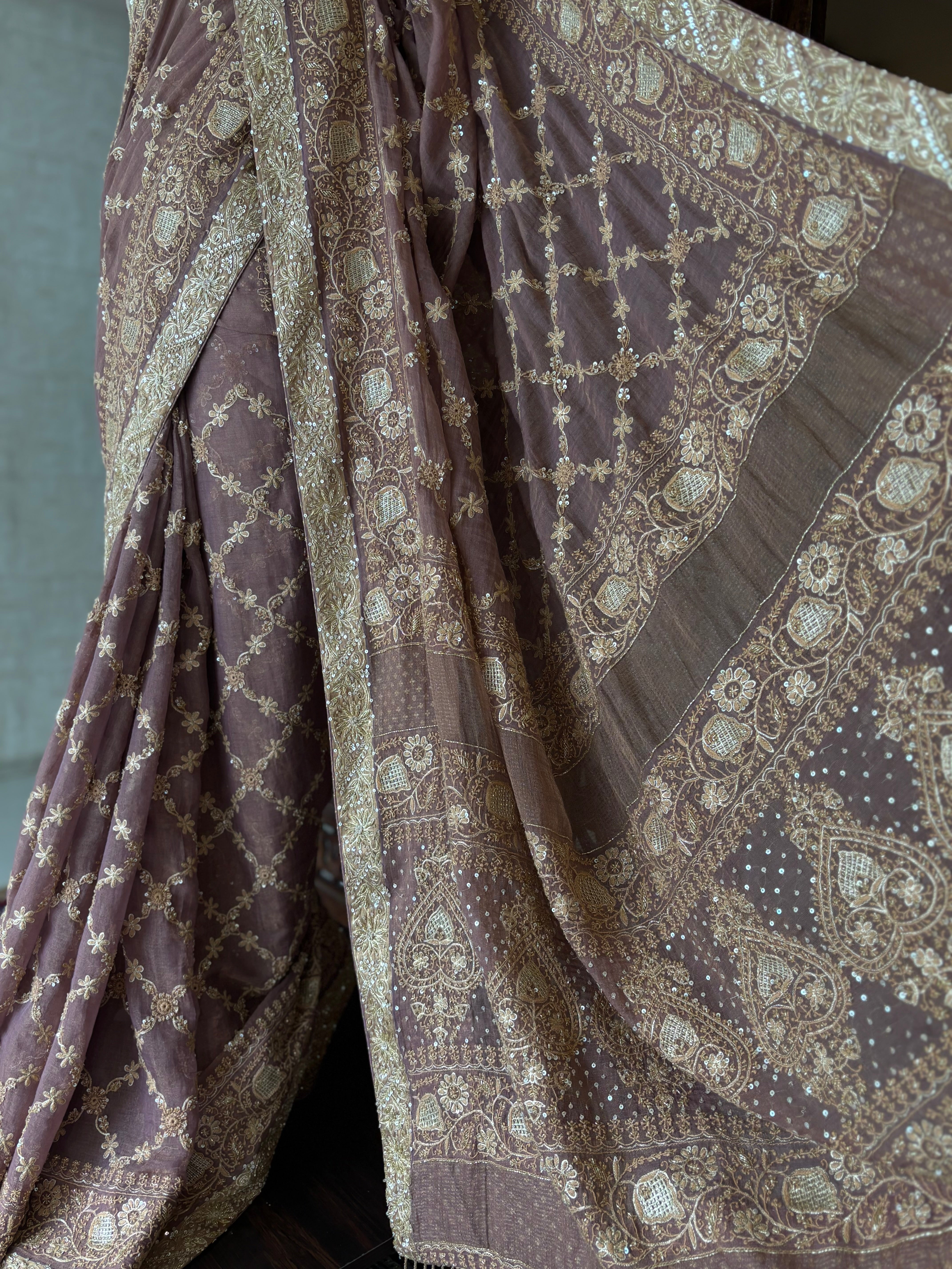 Garnet Pure & Premium Tissue Chikankari Saree and Blouse - Pleats PleaseChikankari