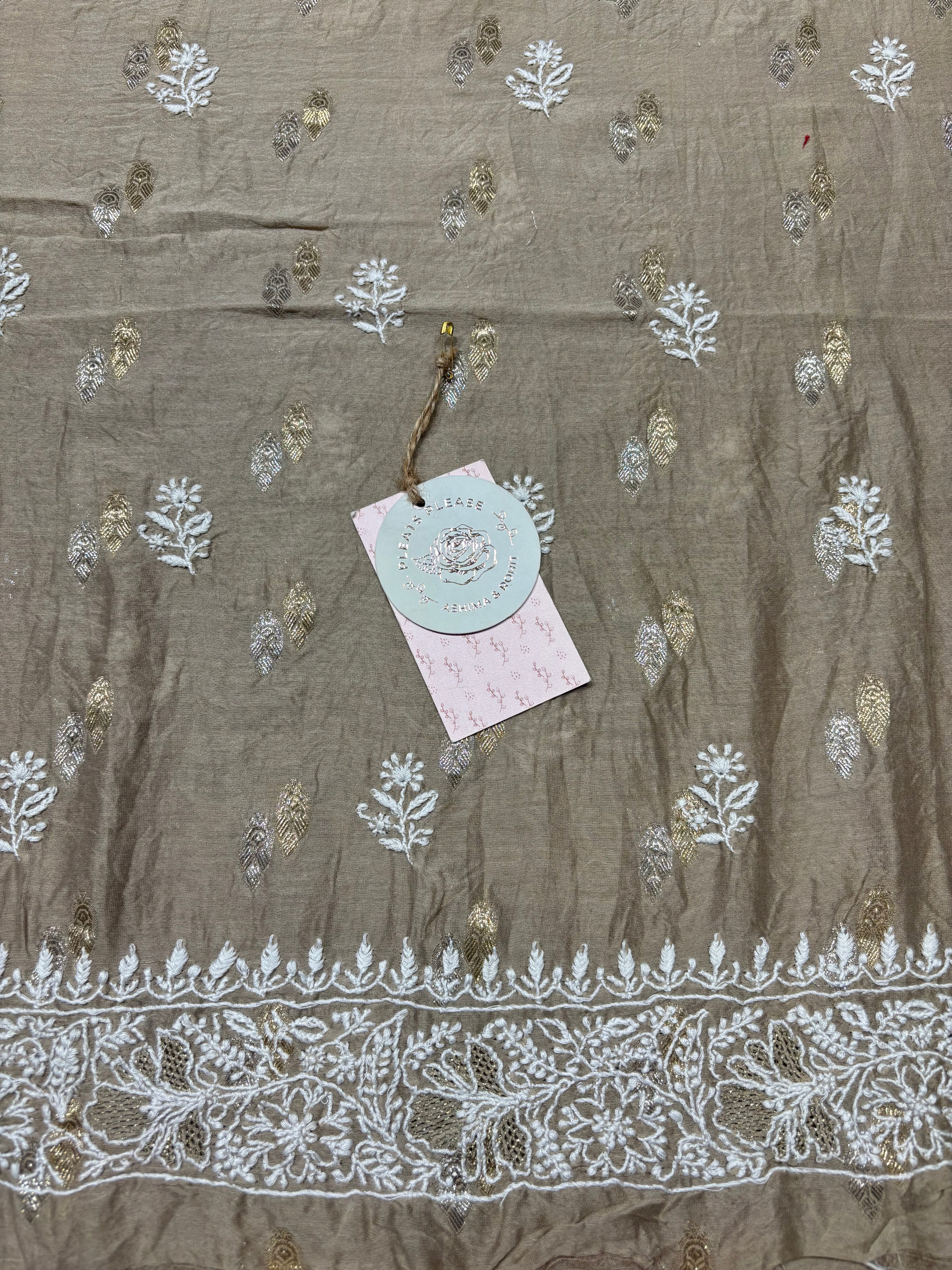 Brown Chanderi Silk Chikankari Men's Kurta Fabric