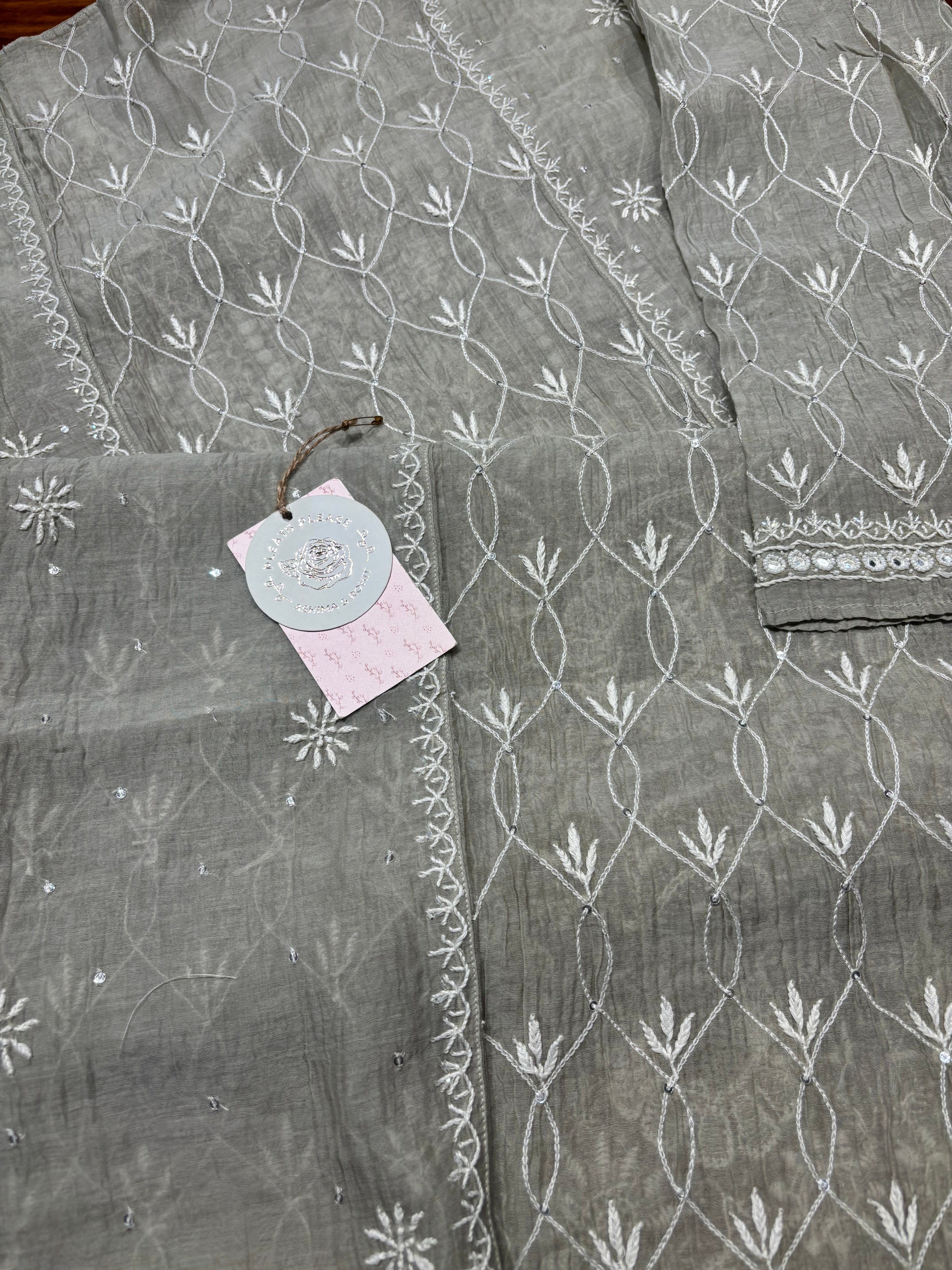 Ash chanderi Mul Chikankari Kurta and Dupatta set