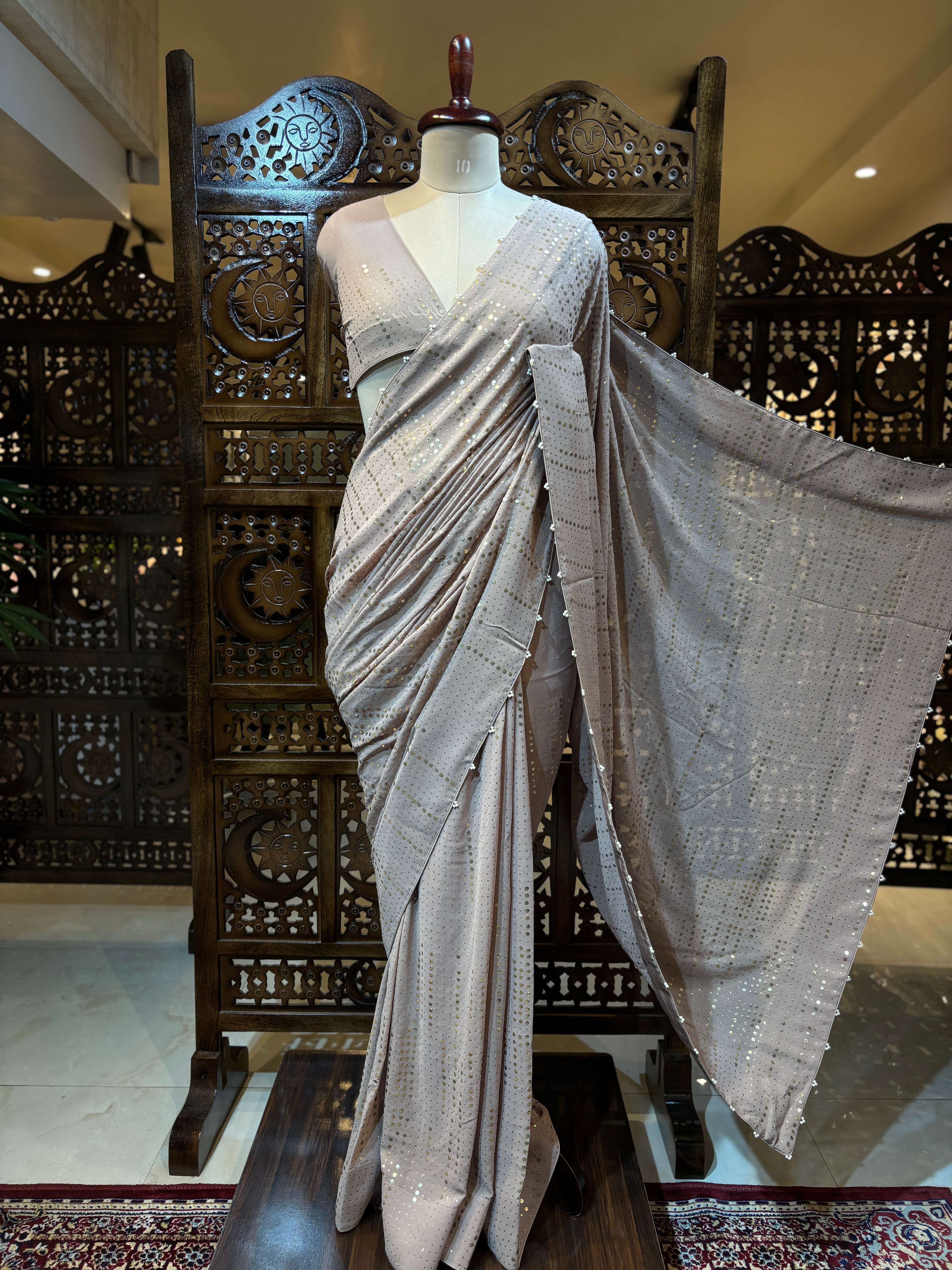 Brown Pure & Premium Georgette Mukaish Saree & Blouse - Pleats PleaseChikankari