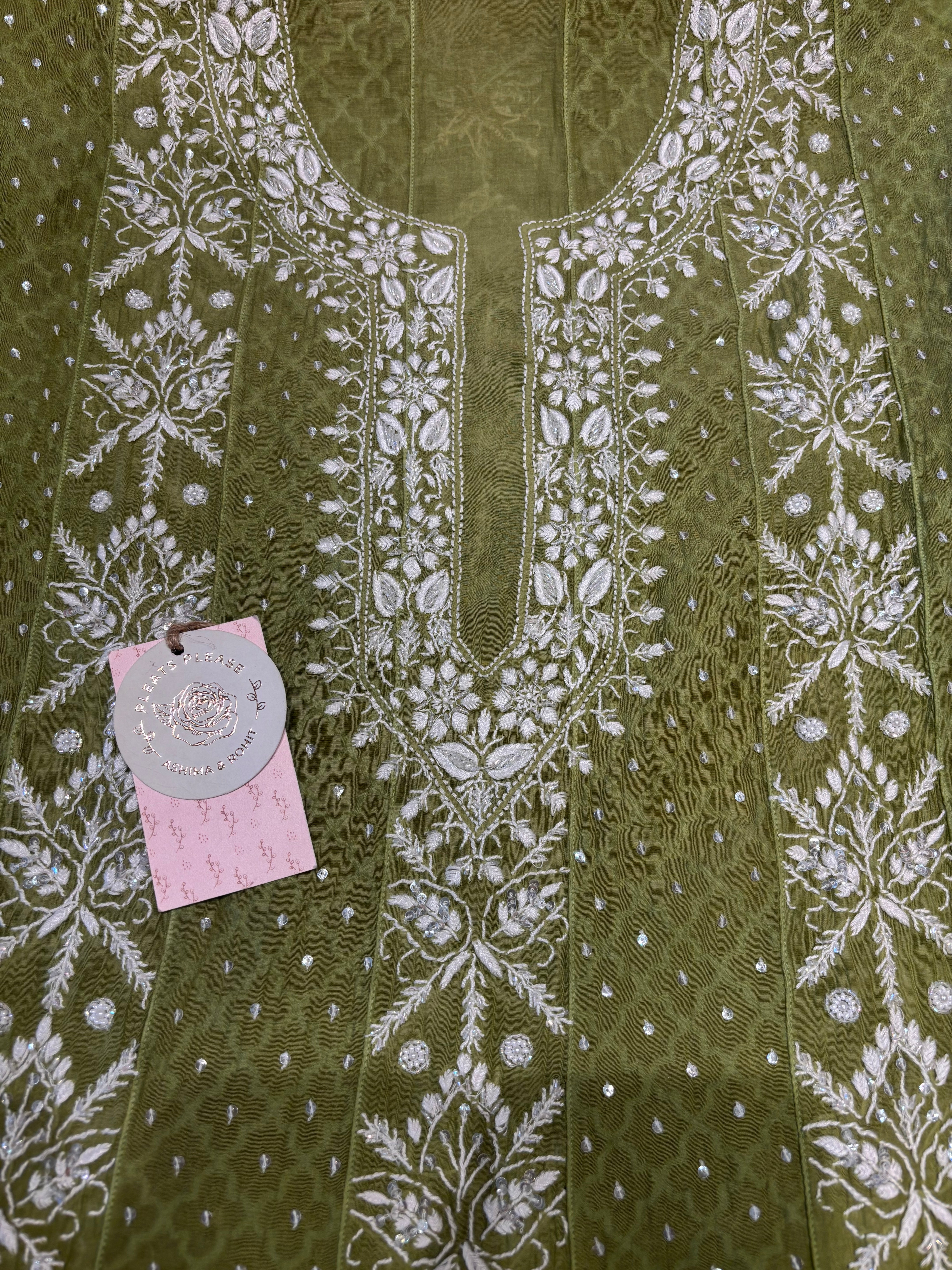 Olive Green Chanderi Mul Chikankari Anarkali and Dupatta