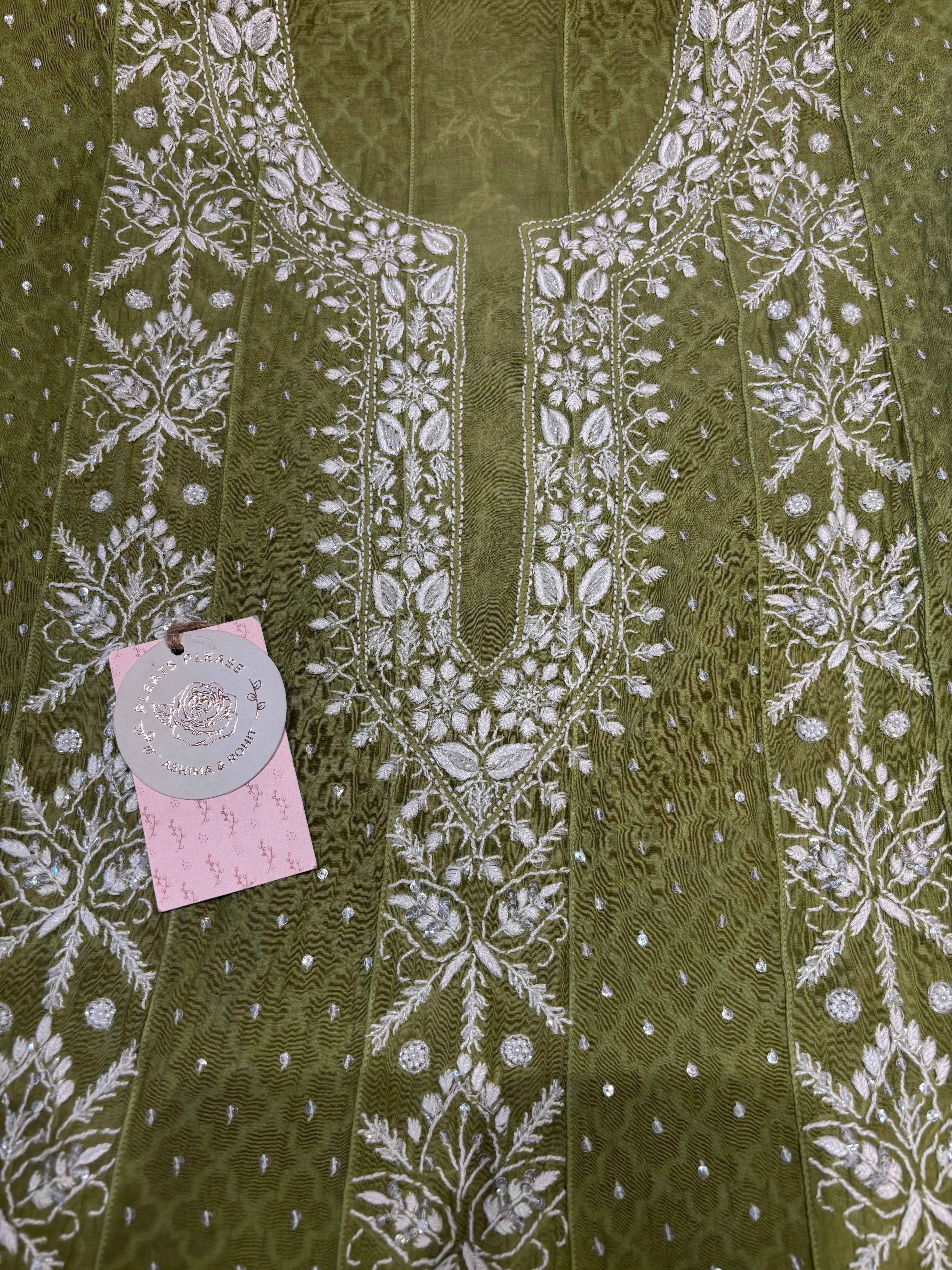 Olive Green Chanderi Mul Chikankari Anarkali and Dupatta - Pleats PleaseChikankari
