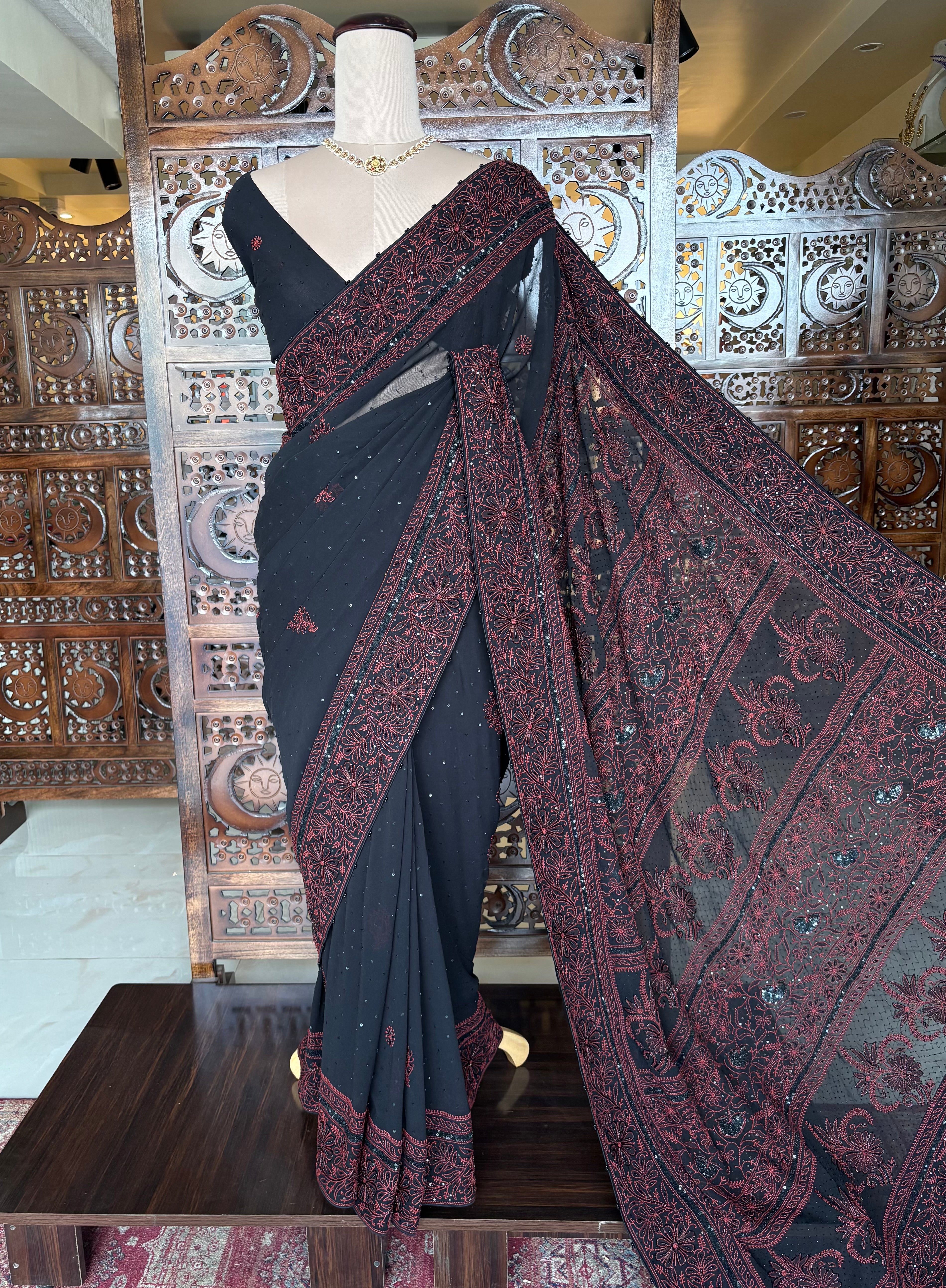 Black Pure & Premium Georgette Chikankari Saree
