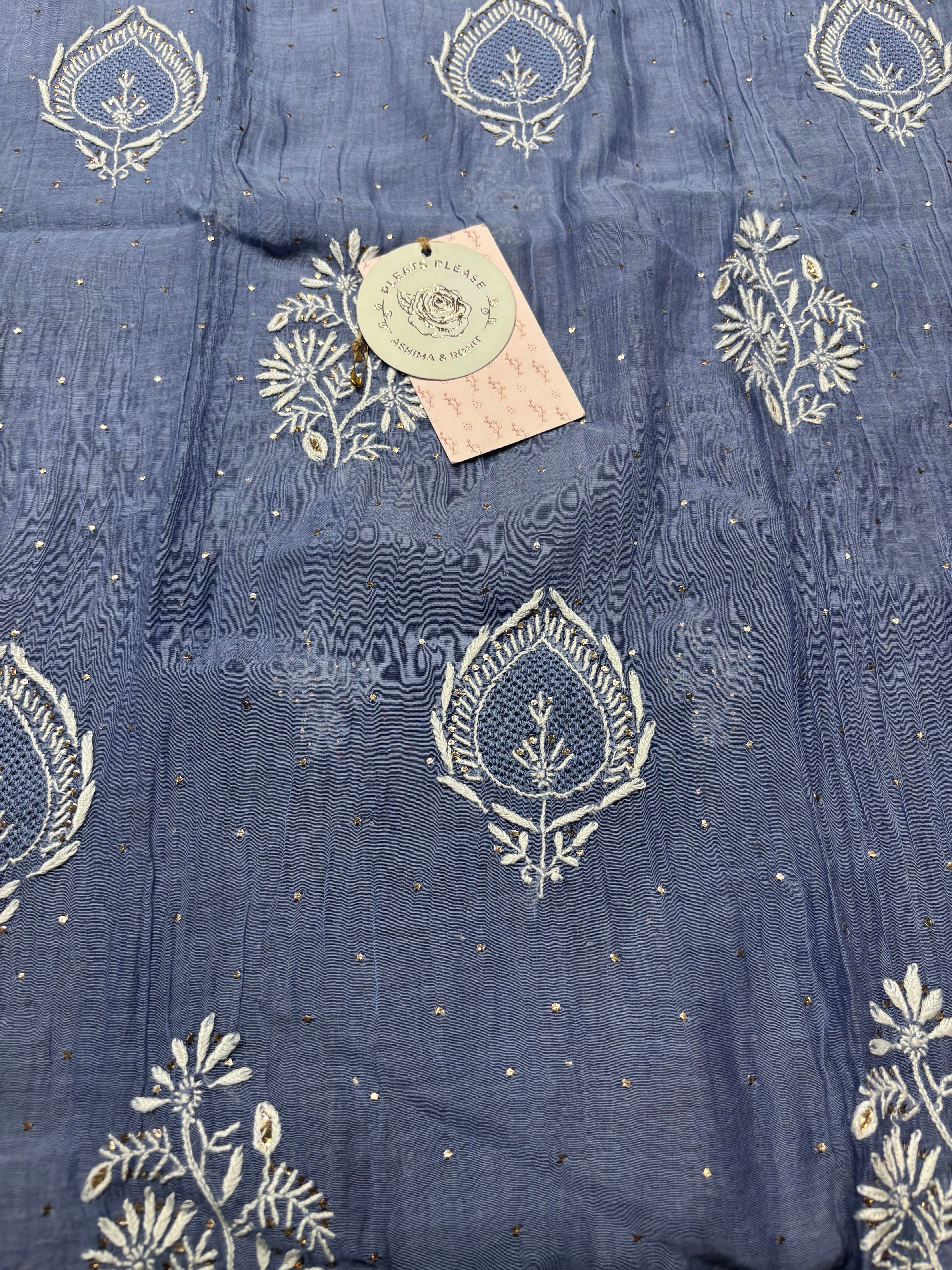 Blue Chanderi Mul Chikankari & Mukaish Kurta and Dupatta set