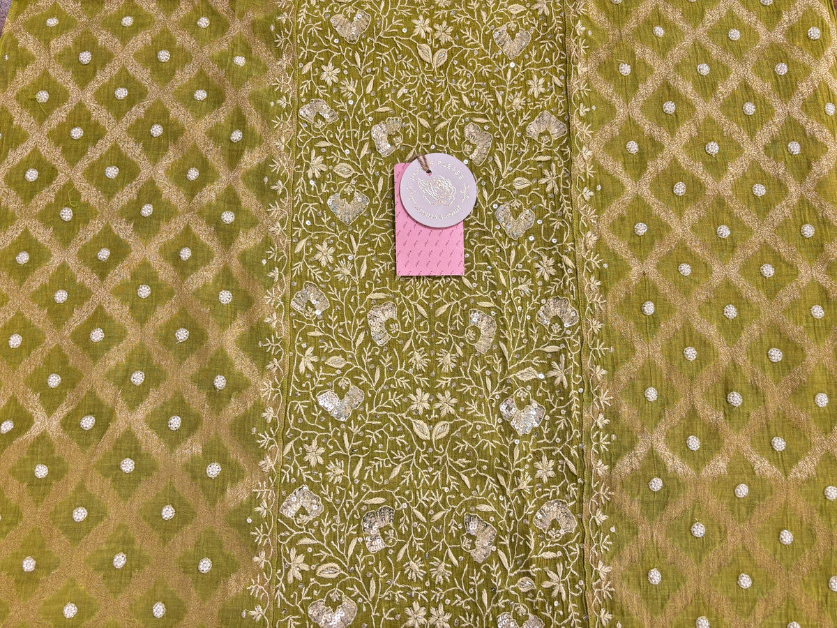Bright Green Tissue Chanderi Chikankari Kurta & Dupatta
