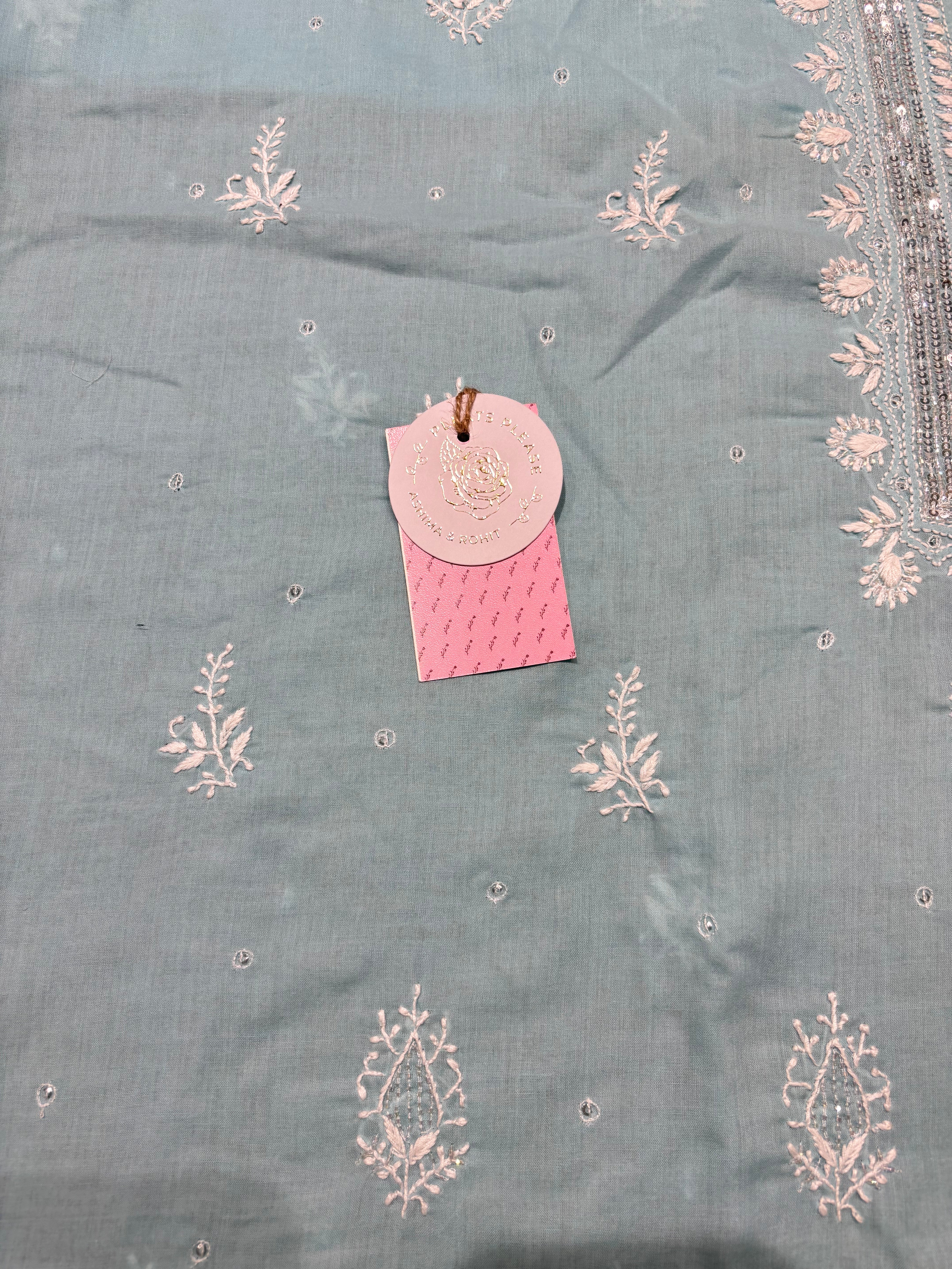 Powder Blue Mulmul Chikankari Kurta Fabric