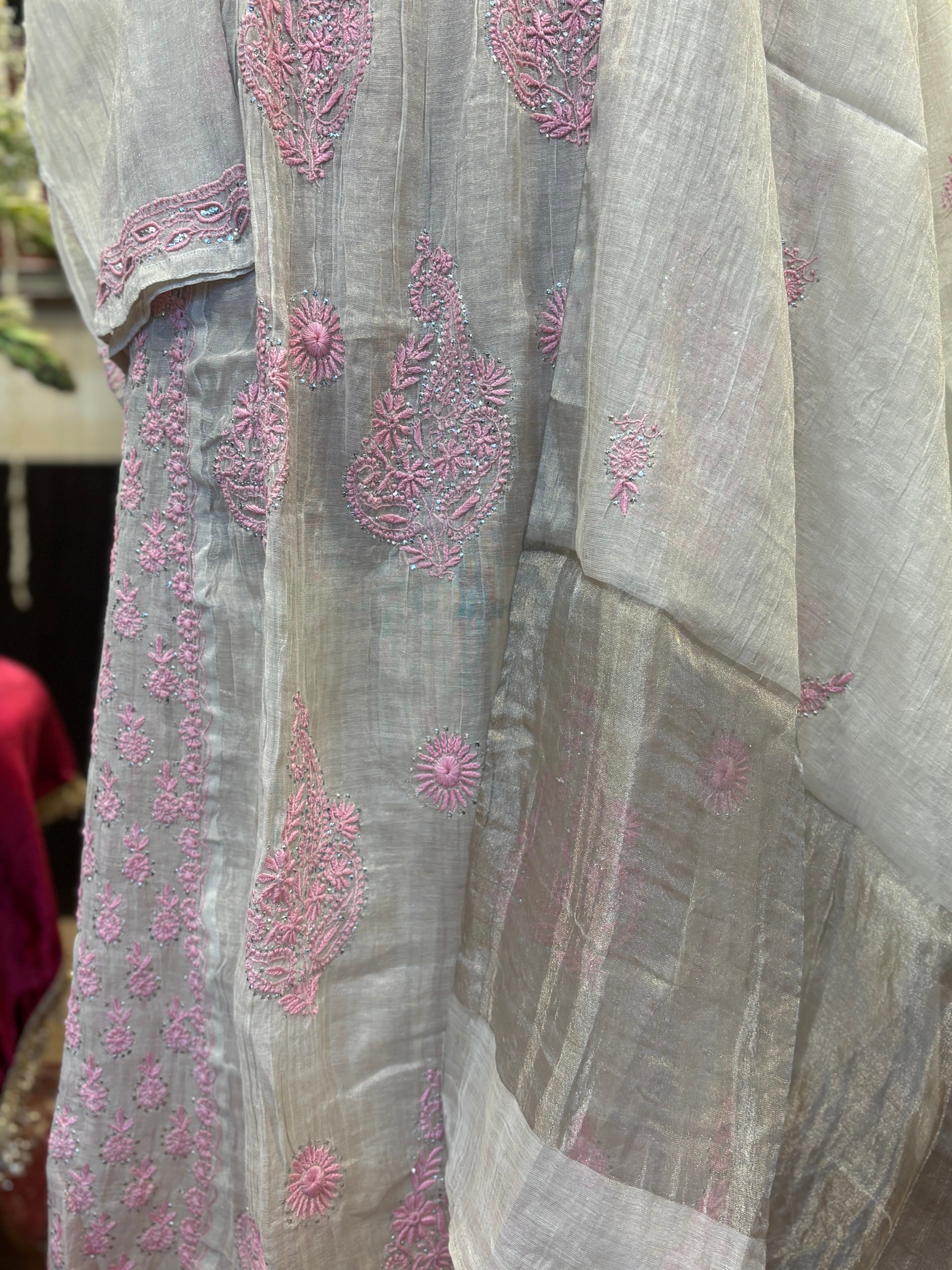 Dyeable pure and premium Tissue Chikankari & Mukaish Angrakha Kurta and Dupatta Set