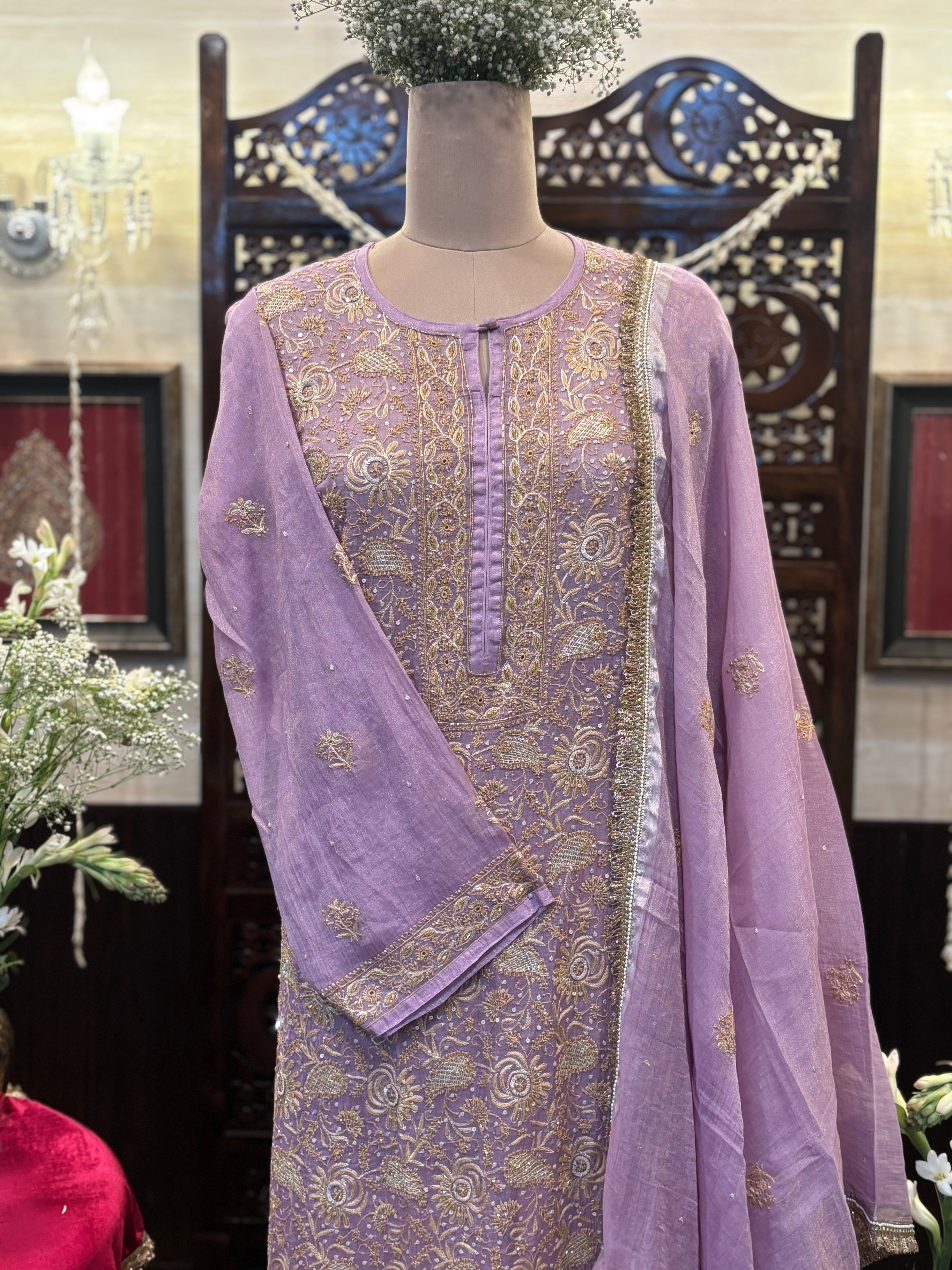 Lavender Pure & Premium Tissue Chikankari Kurta & Dupatta Set