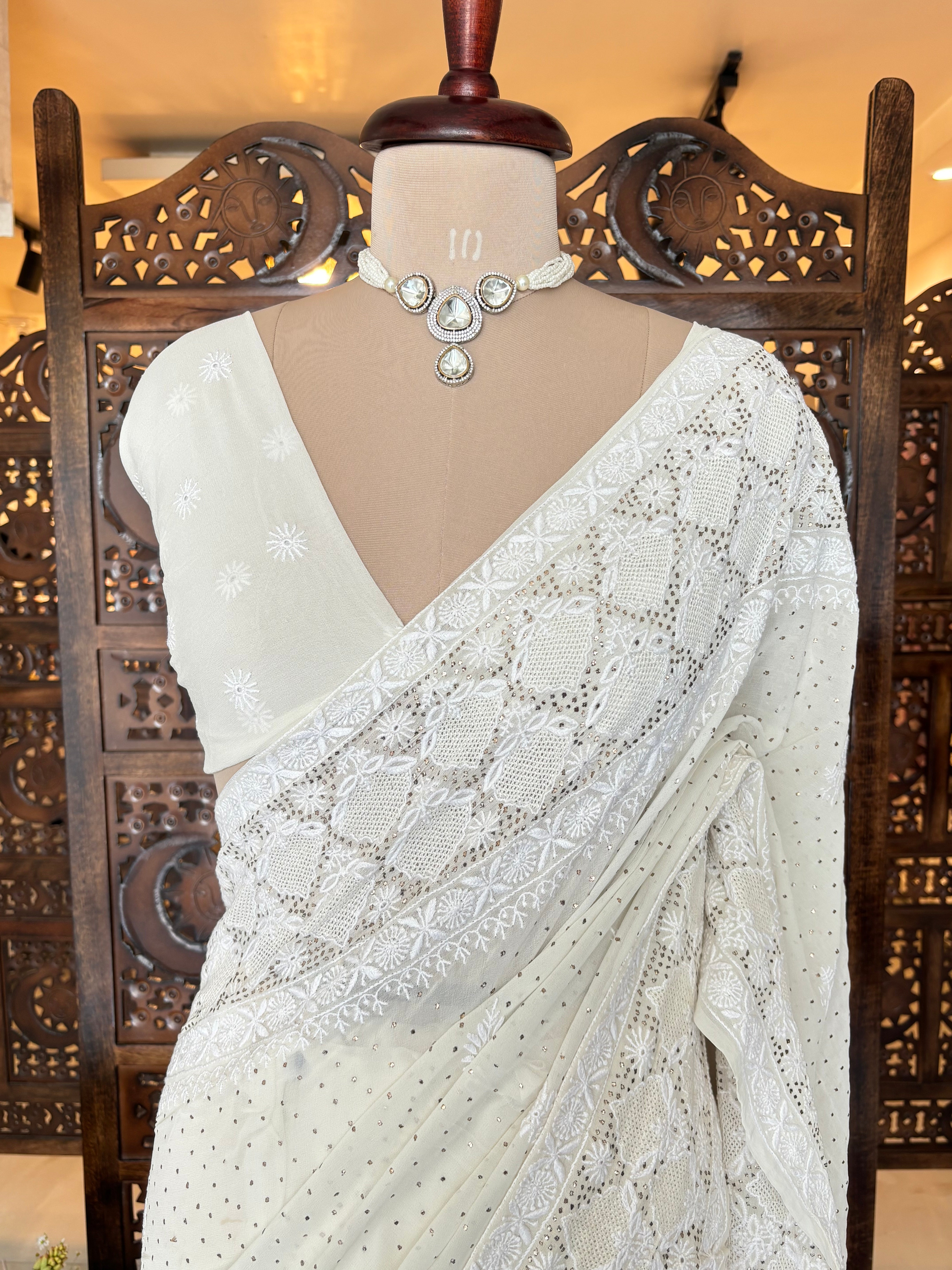 Dyeable Pure & Premium Georgette Mukaish Chikankari Saree