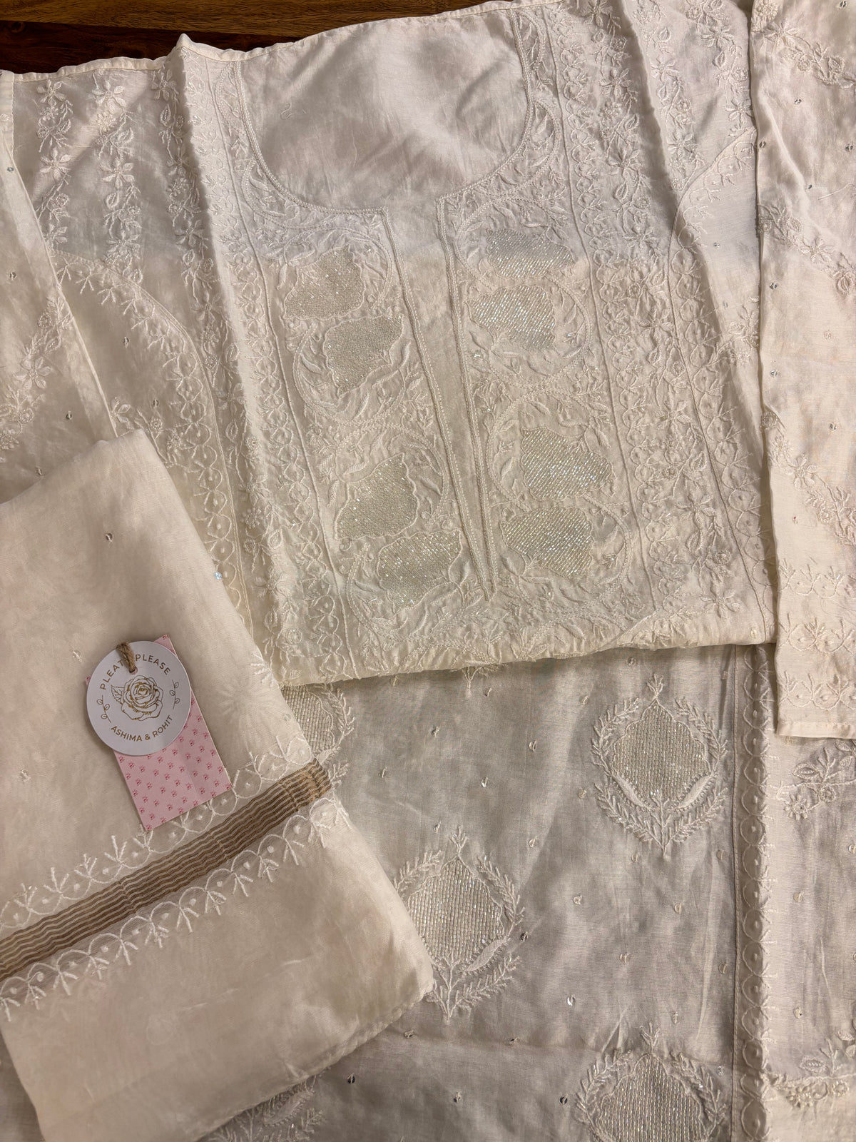 Dyeable Chanderi Silk Chikankari Kurta & Dupatta