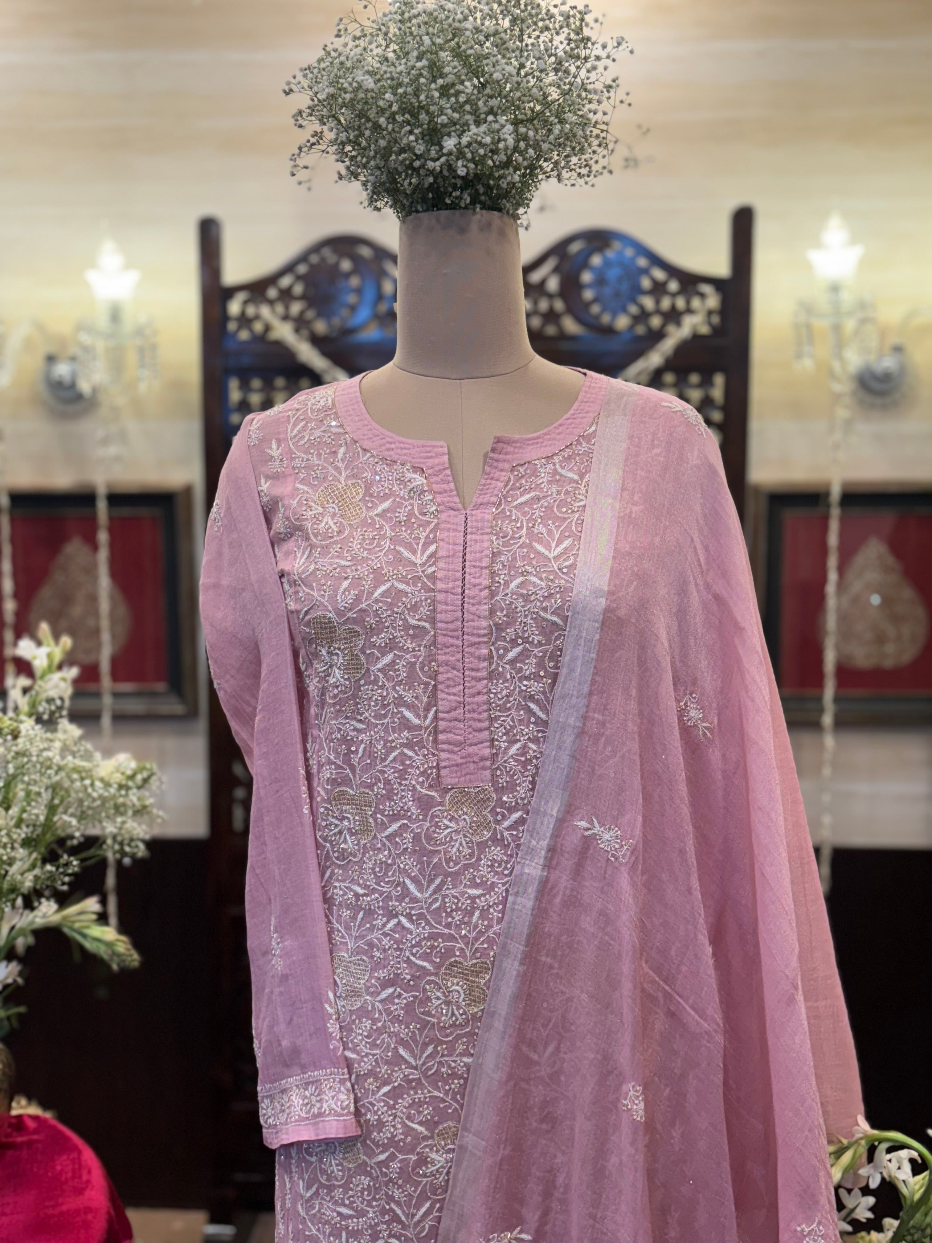 Pink Pure & Premium Tissue Chikankari Kurta & Dupatta Set