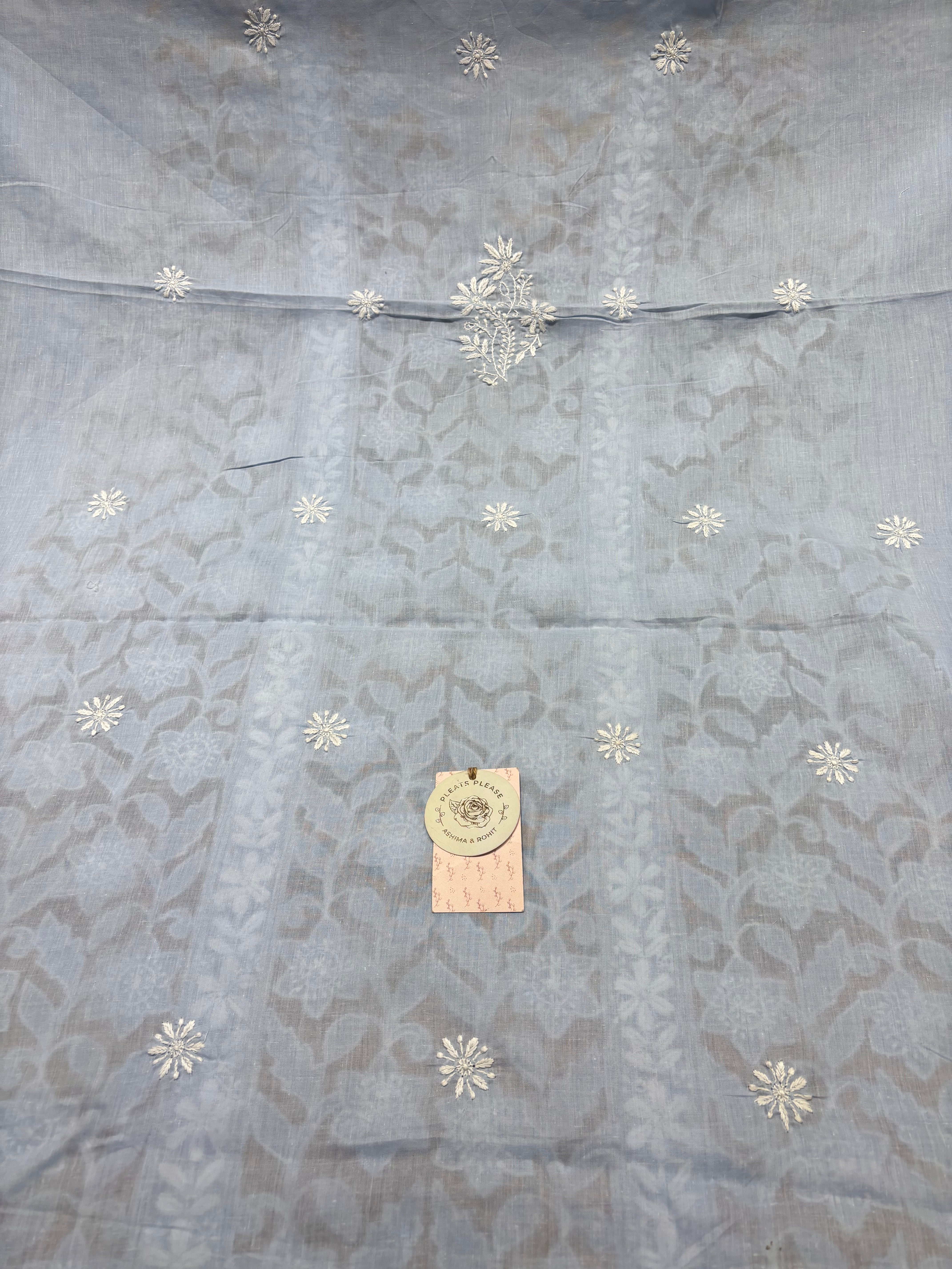 Powder Blue Mulmul Soft Net Chikankari Applique Kurta And Dupatta Fabric