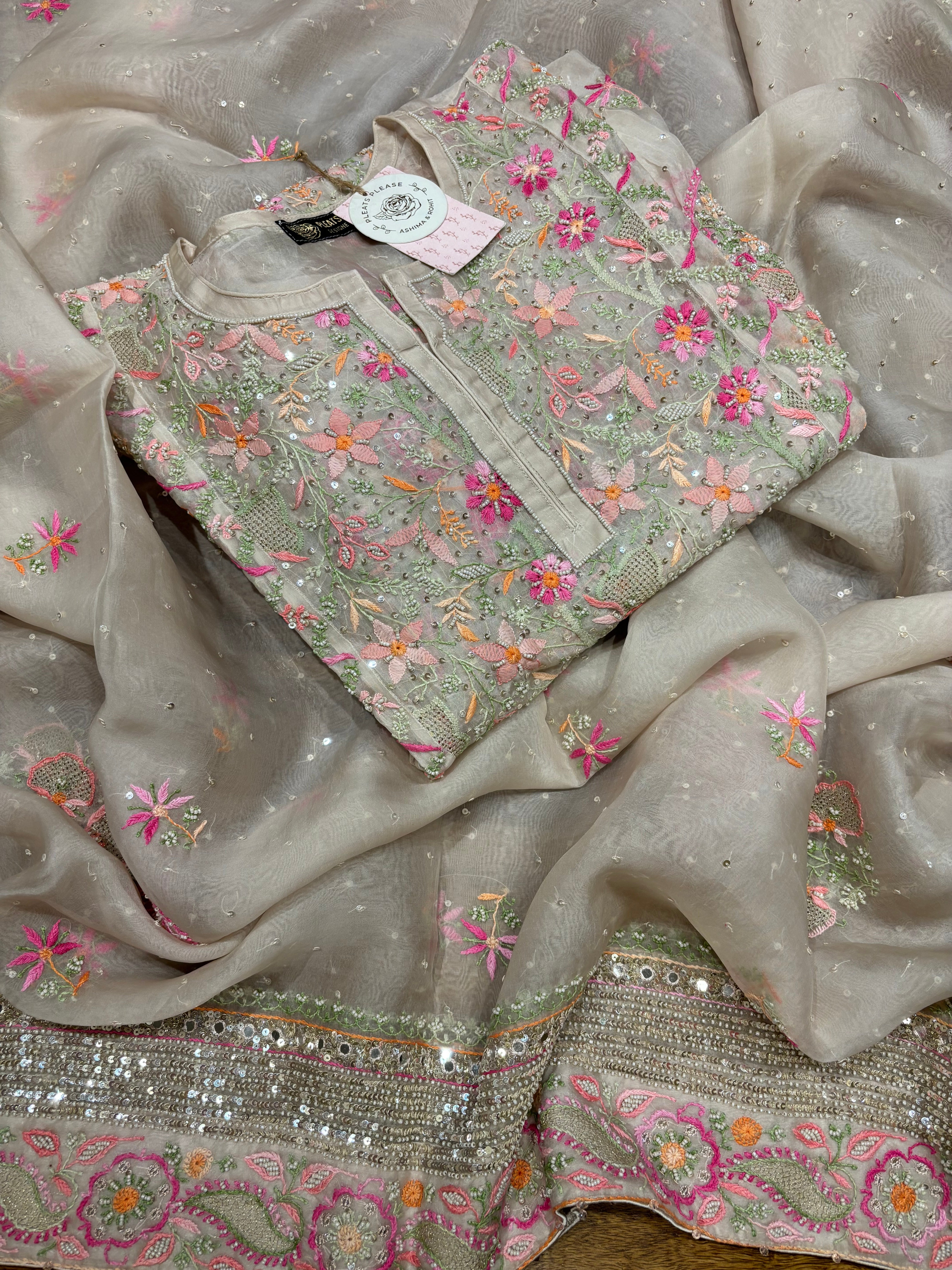 Nude Rose Organza Chikankari Anarkali And Dupatta