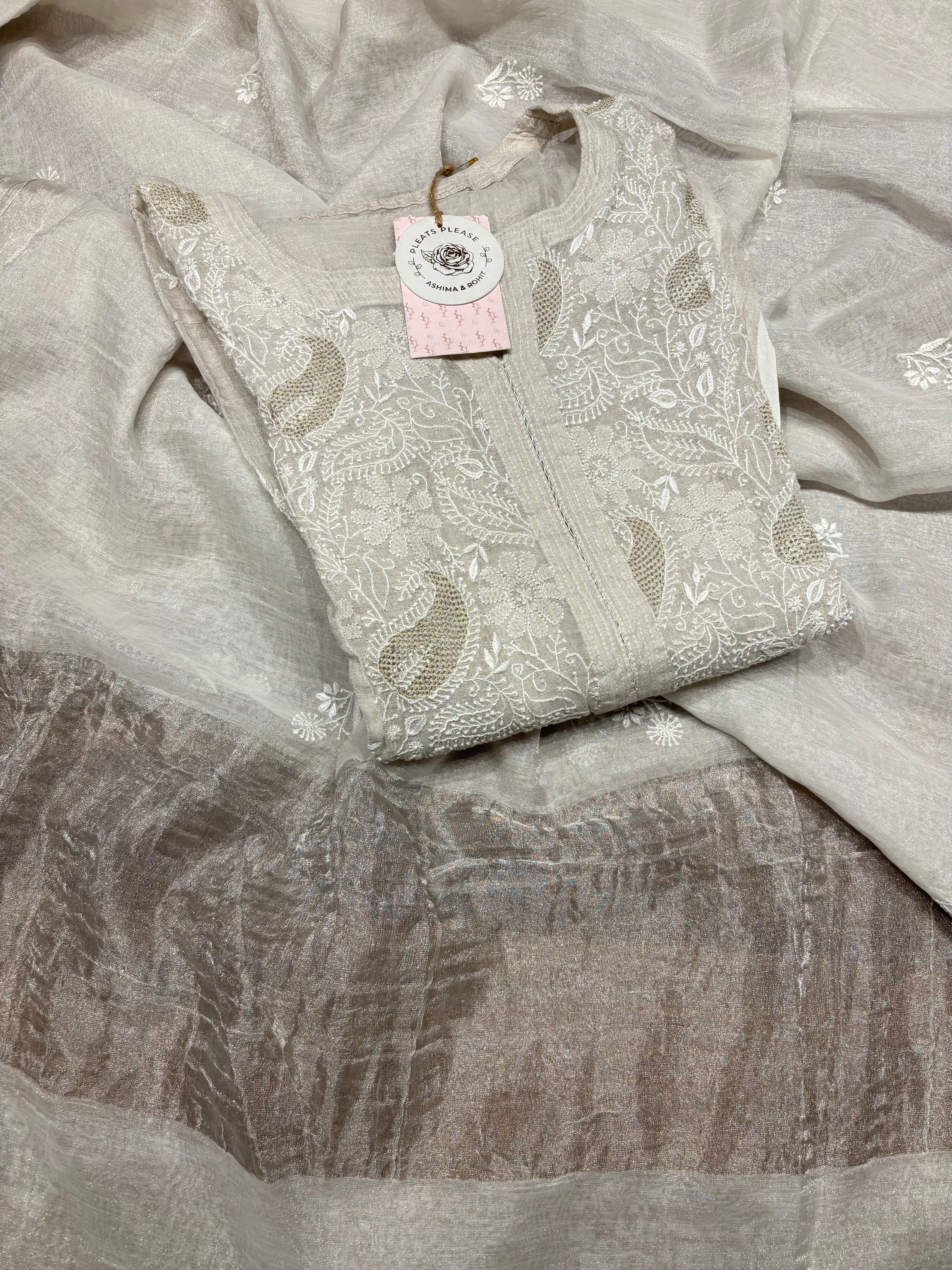 Dyeable pure silver tissue straight kurta and dupatta set