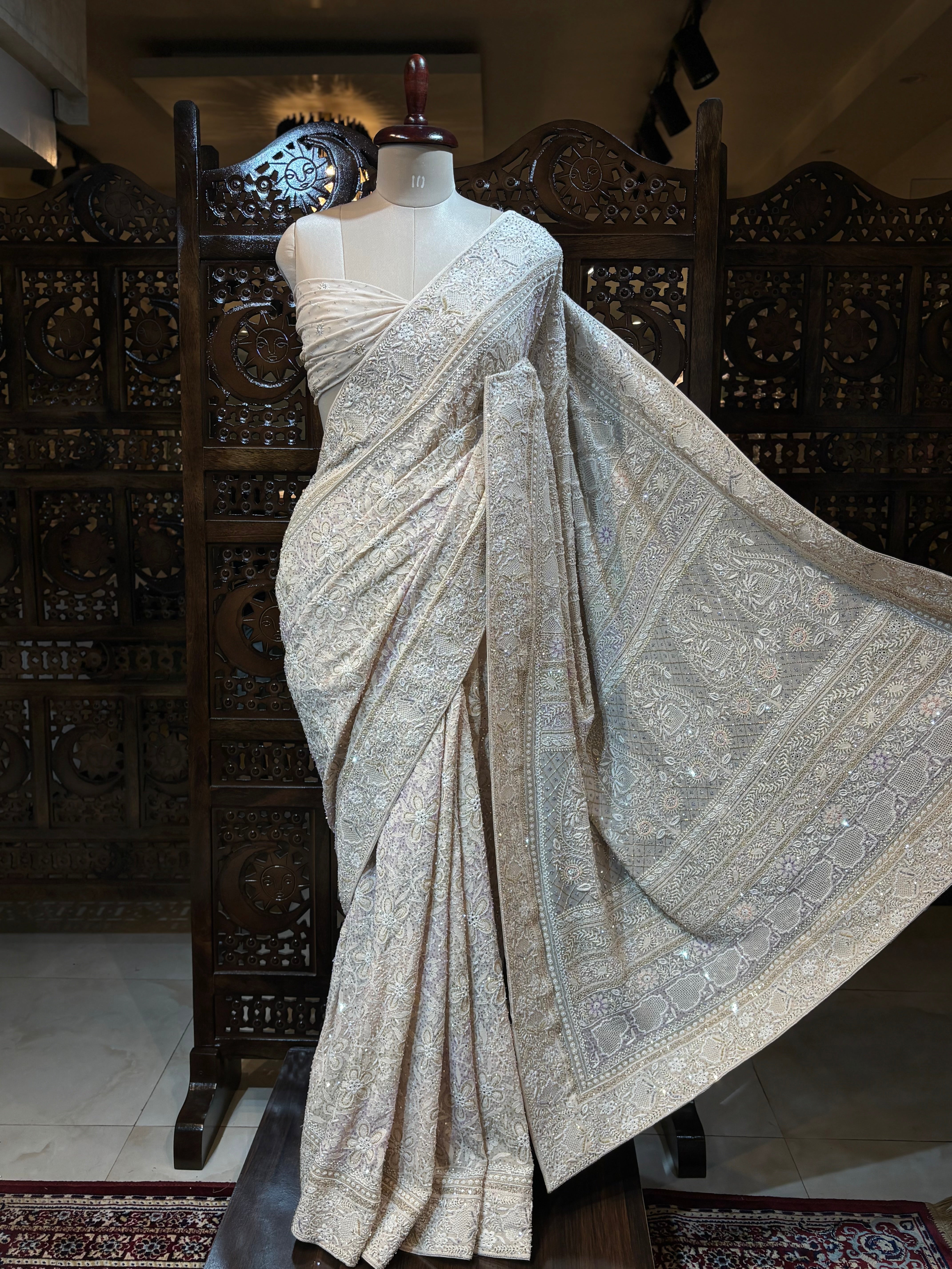 Coffee Cream Pure Georgette Chikankari Saree and Blouse - Pleats PleaseChikankari