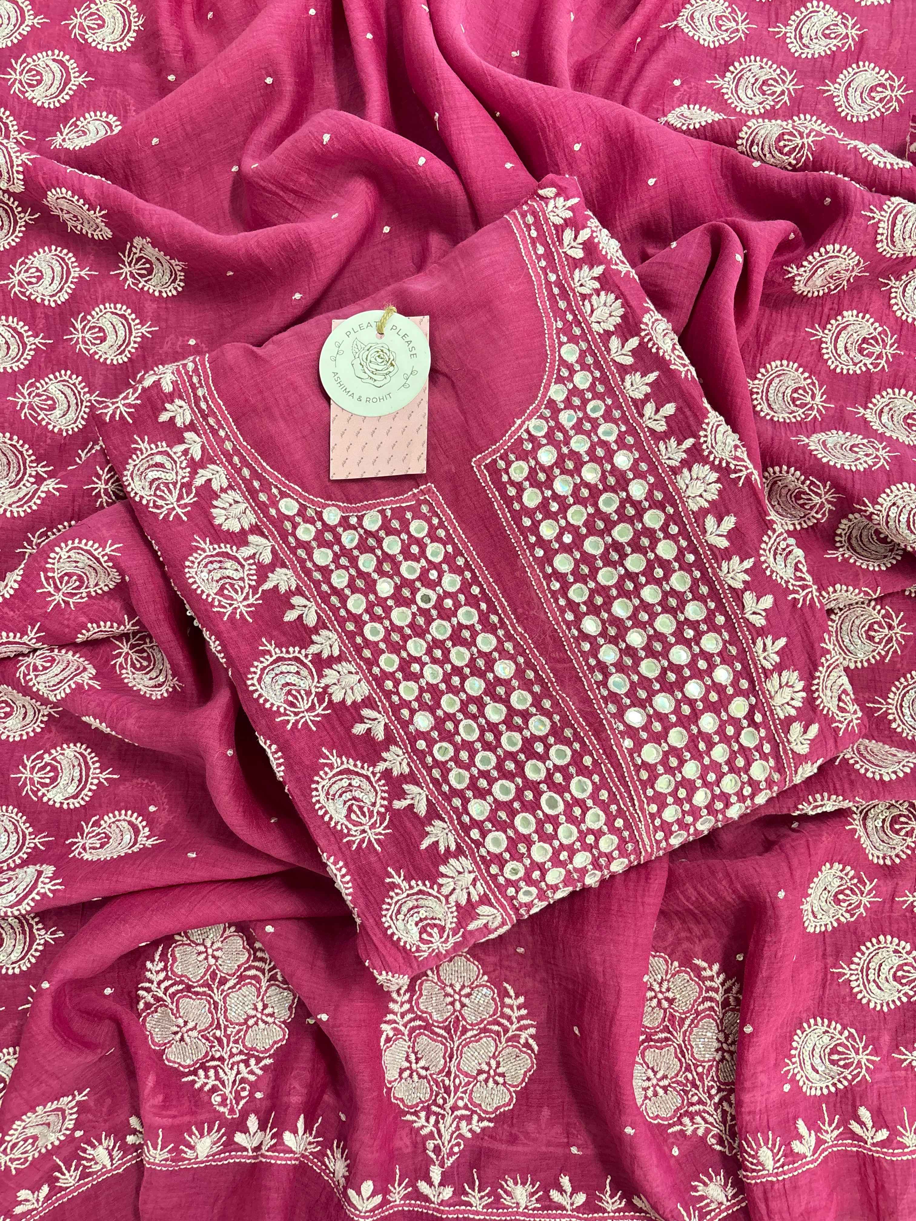 Magenta Chanderi Mul Chikankari Kurta & Dupatta