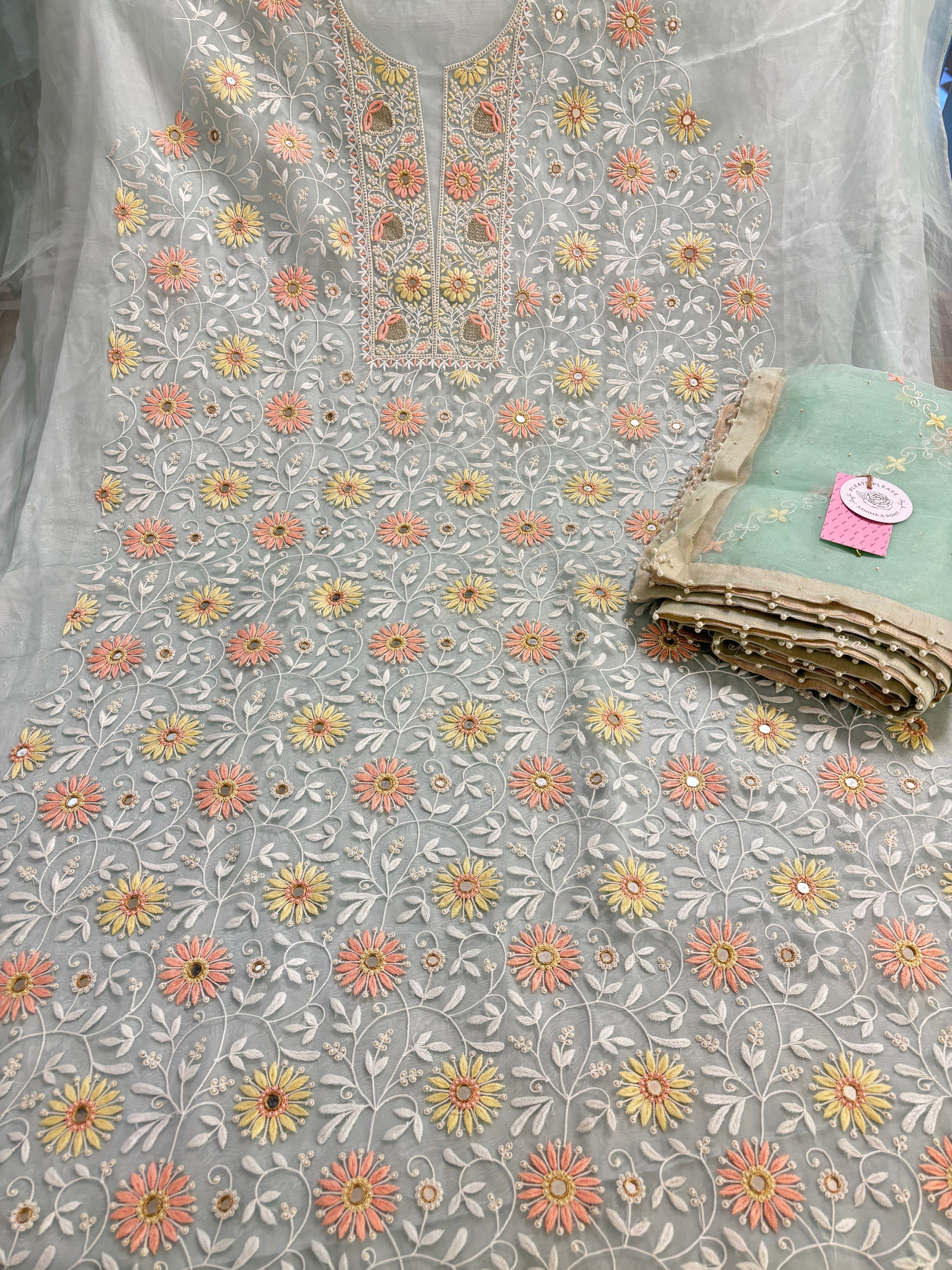 Sage Green Organza Mirror Chikankari Kurta & Dupatta
