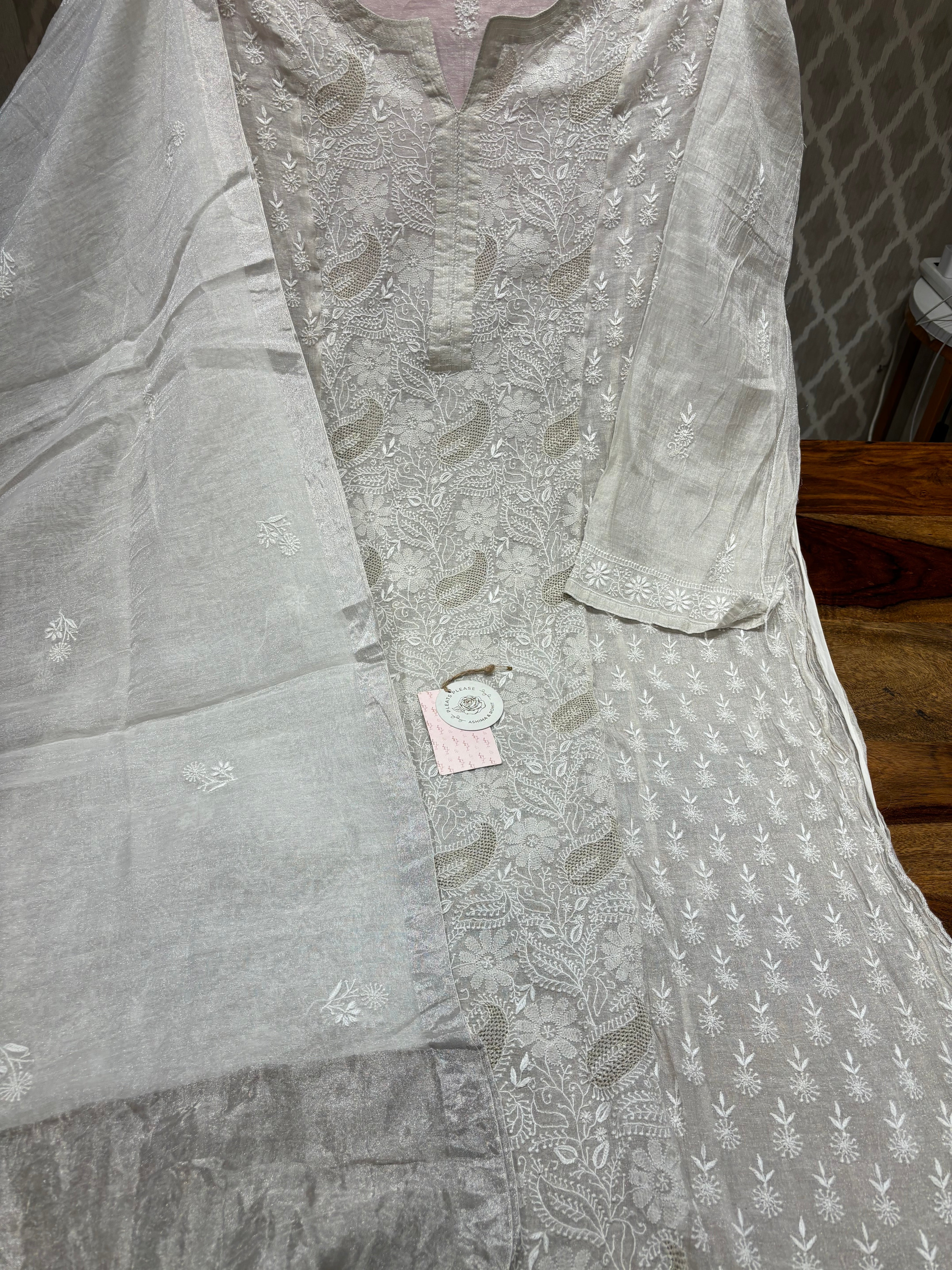 Dyeable pure silver tissue straight kurta and dupatta set
