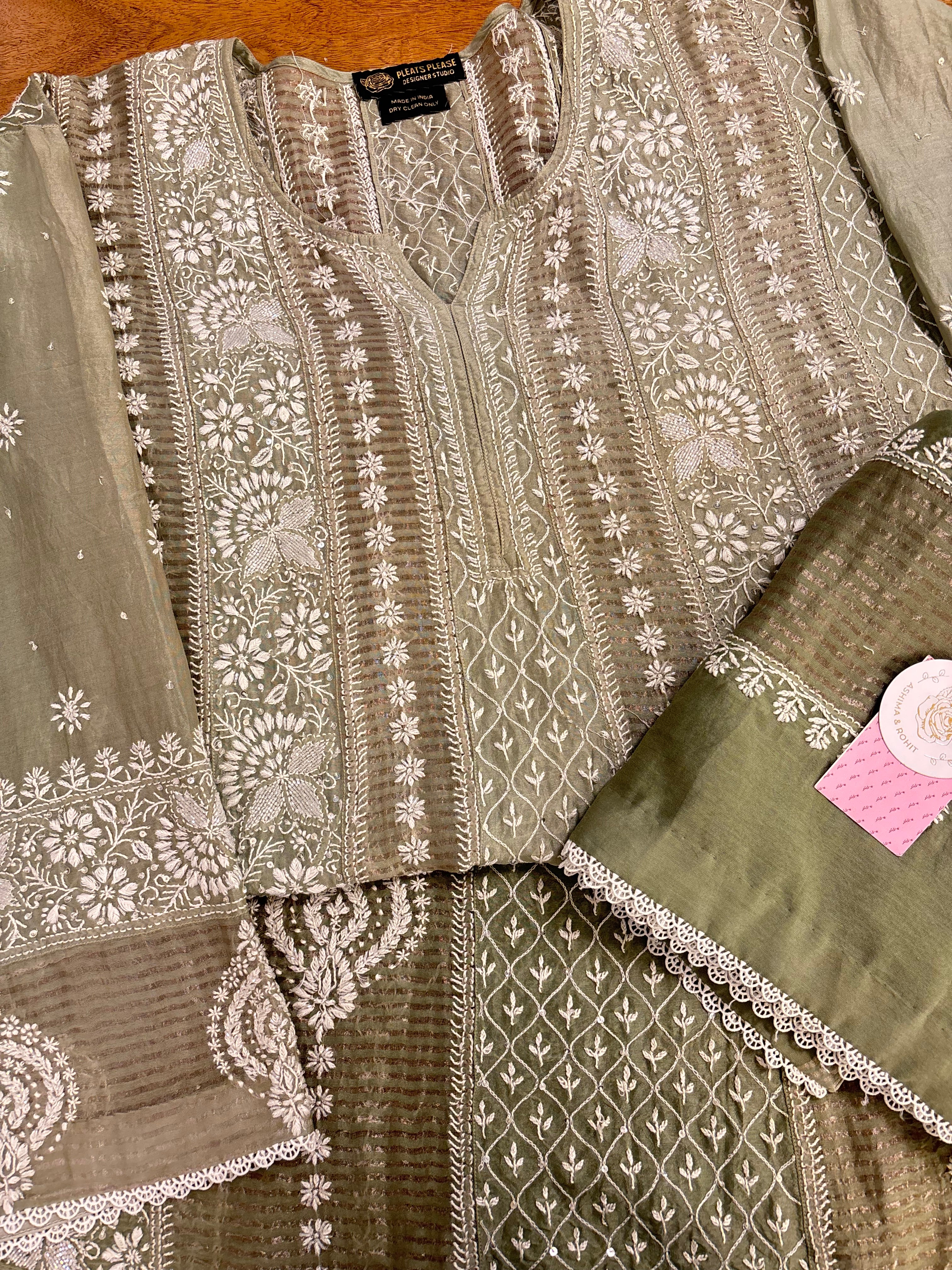 Olive Green Ombré Chanderi Chikankari Anarkali & Dupatta Set