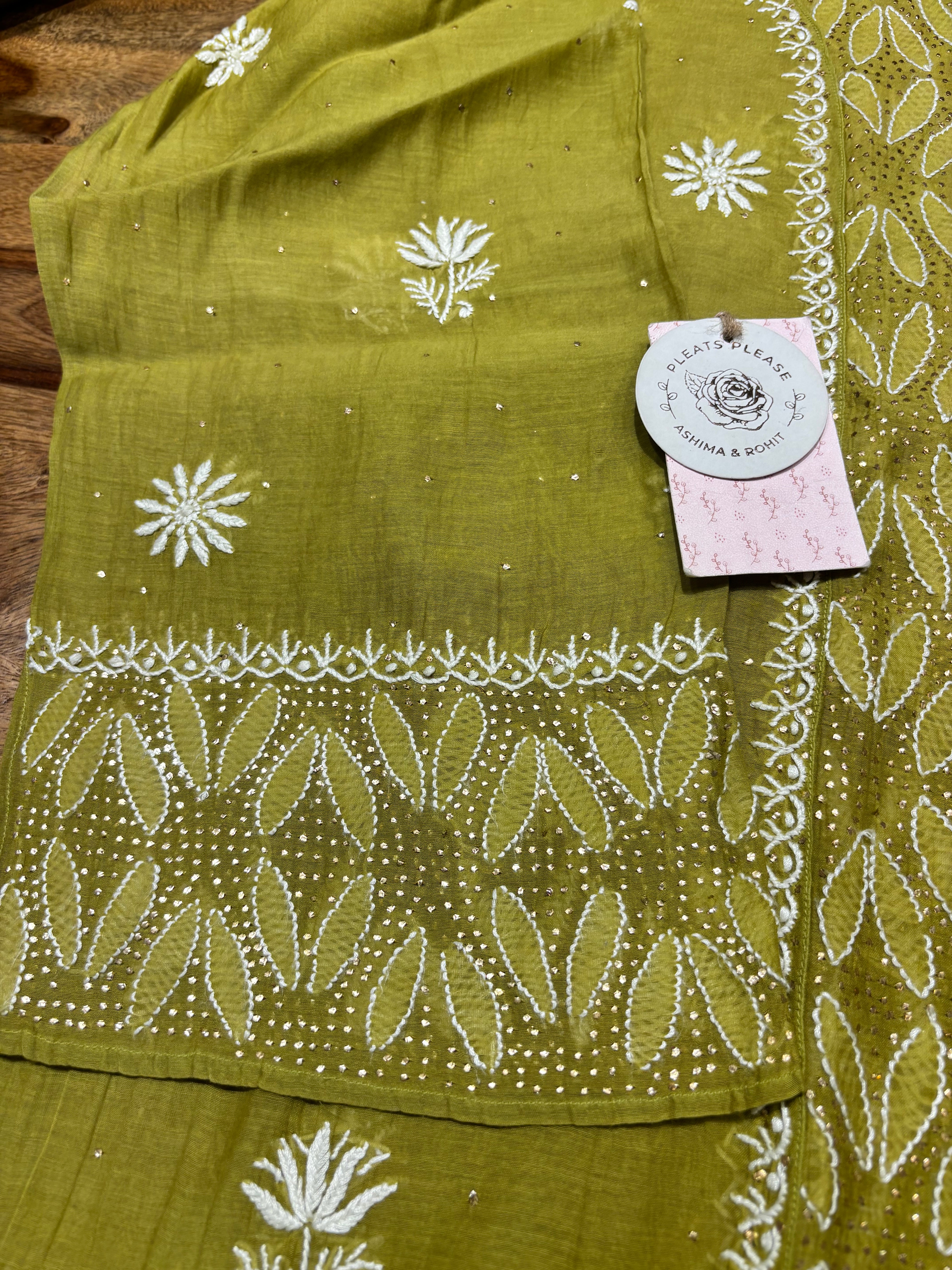 Dhani Green Chanderi Mul Chikankari & Mukaish Kurta & Dupatta Set