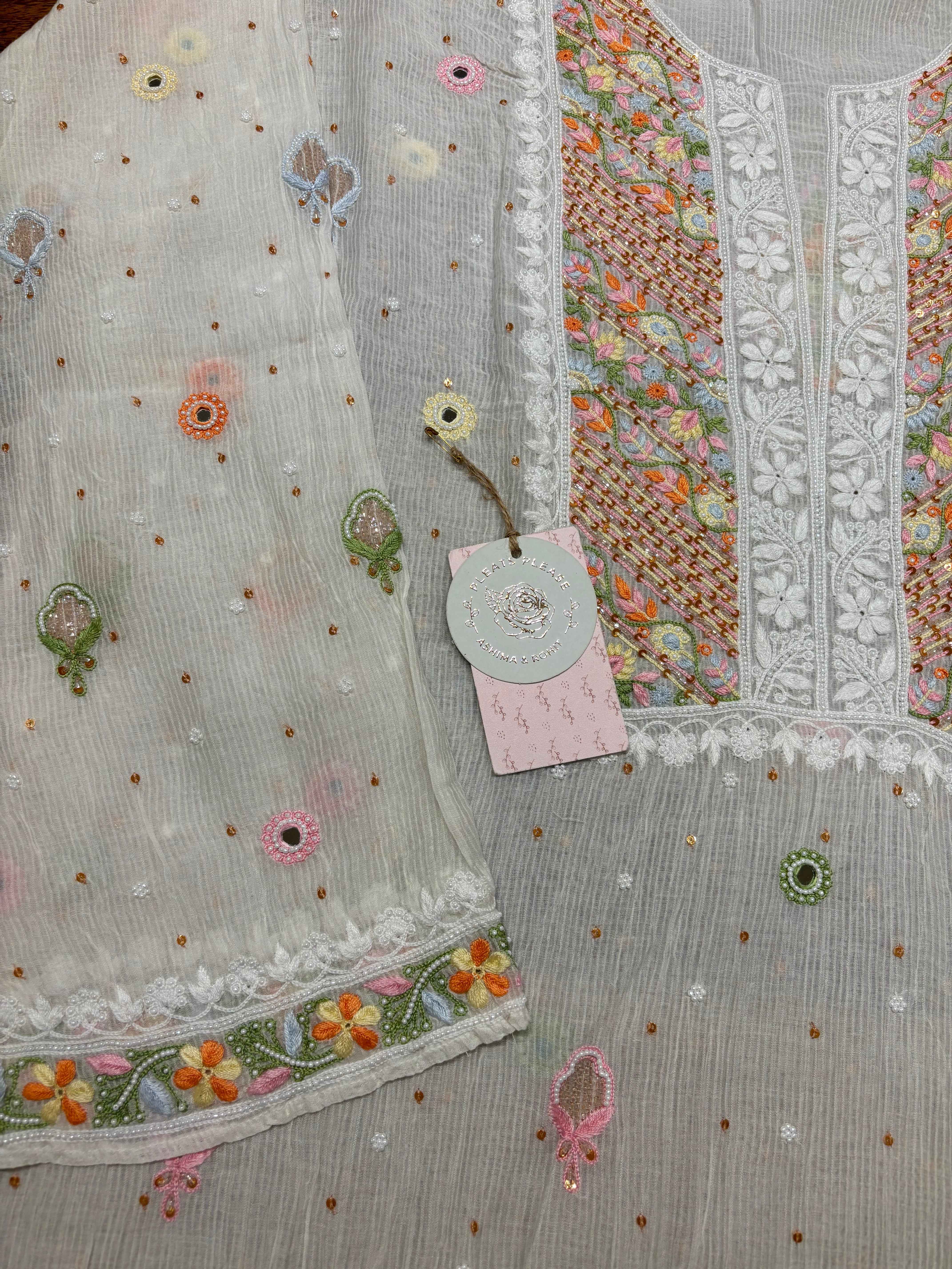 Dyeable Chanderi Maheshwari Multicolour Chikankari Kurta And Dupatta Set - Pleats PleaseChikankari