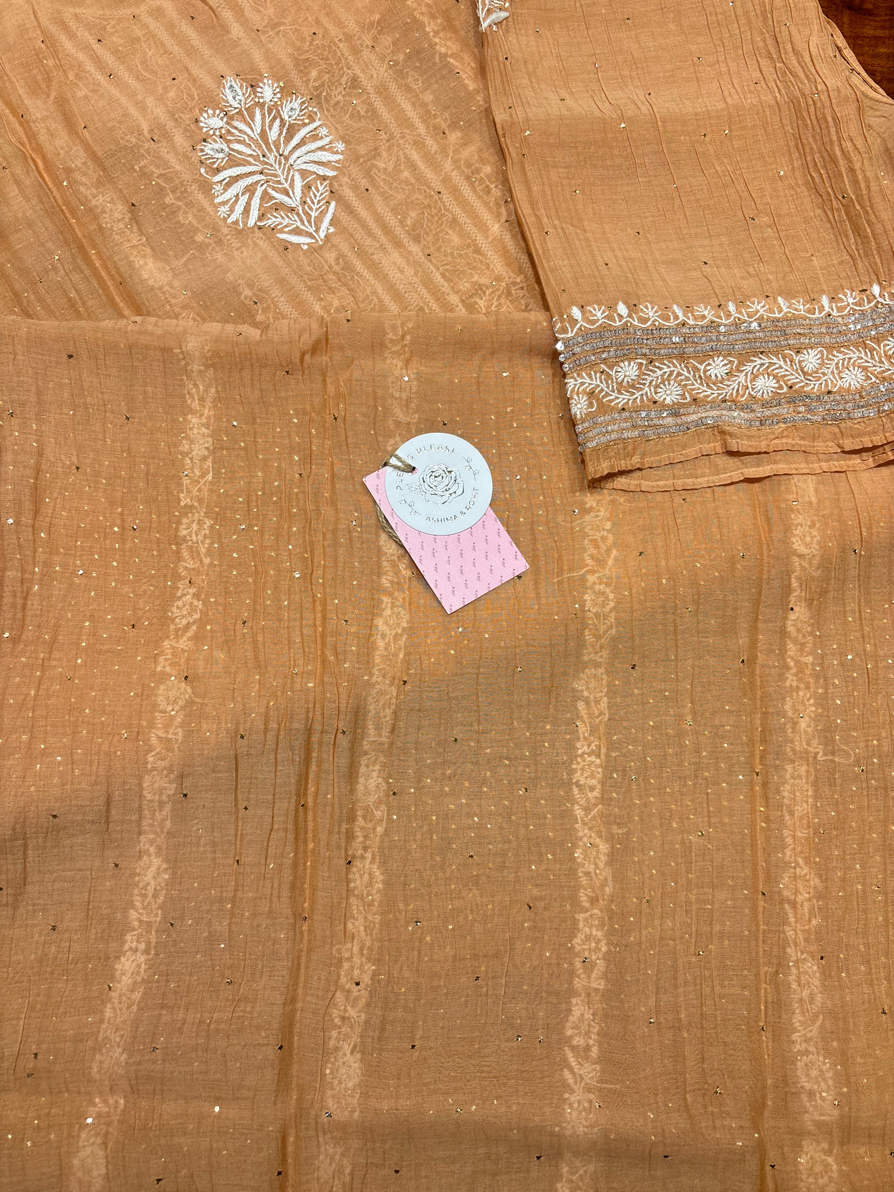 Brown Museli chanderi Mul Chikankari Kurta and Dupatta set