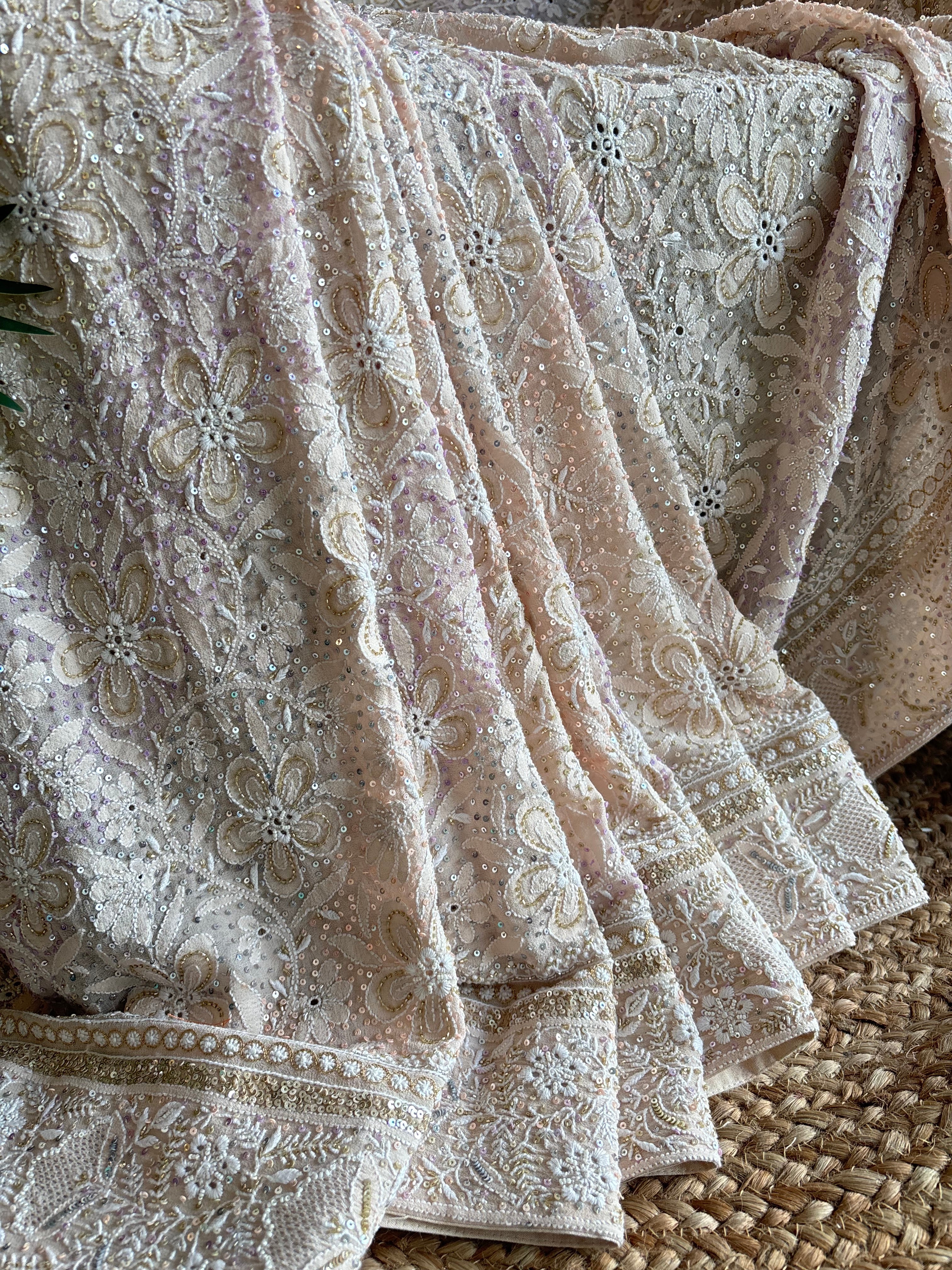 Coffee Cream Pure Georgette Chikankari Saree and Blouse
