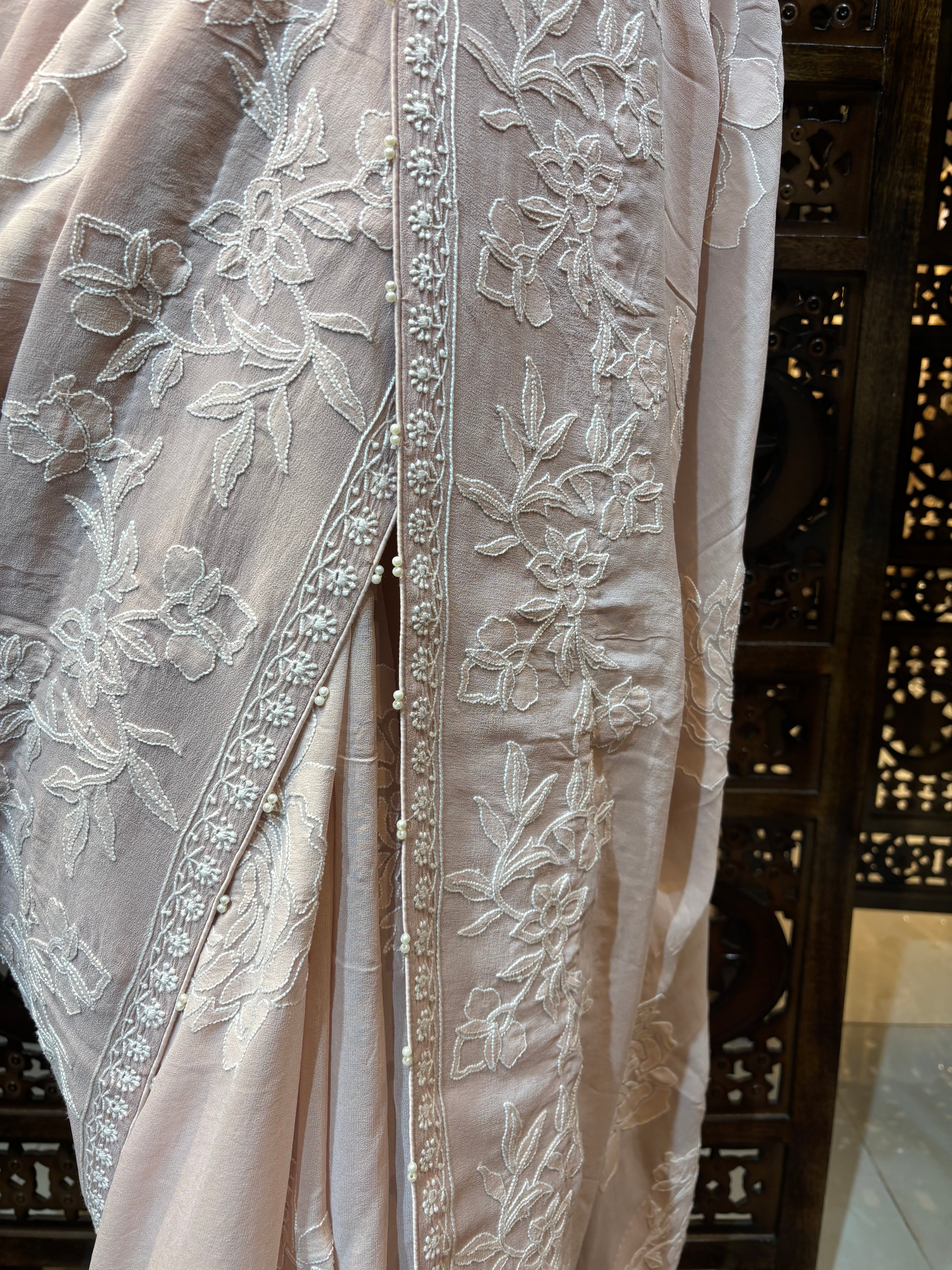 Dusty Peach Pure & Premium Georgette Chikankari Saree & Blouse - Pleats PleaseChikankari