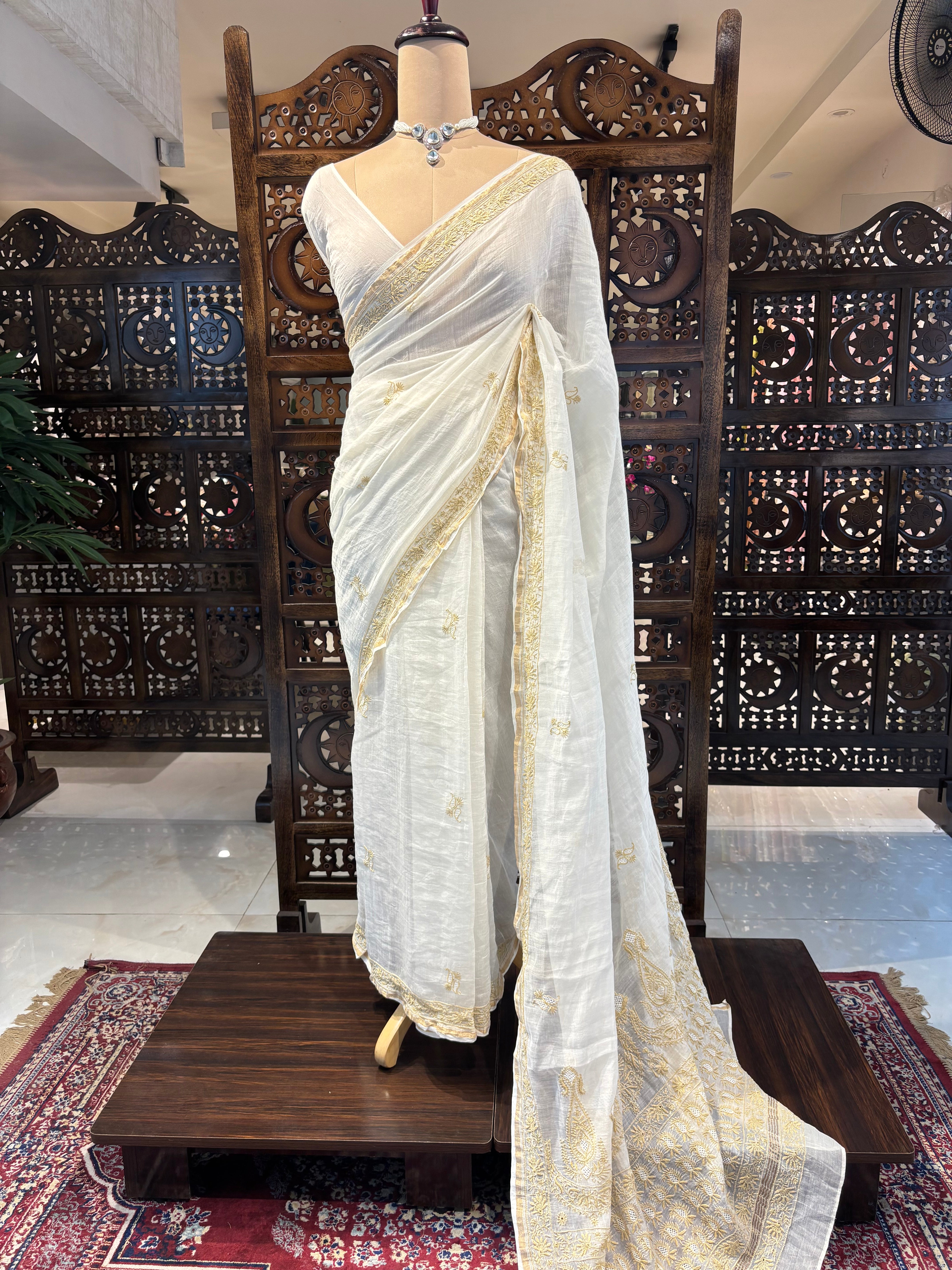 Dyeable Pure Chanderi Mul Chikankari Saree
