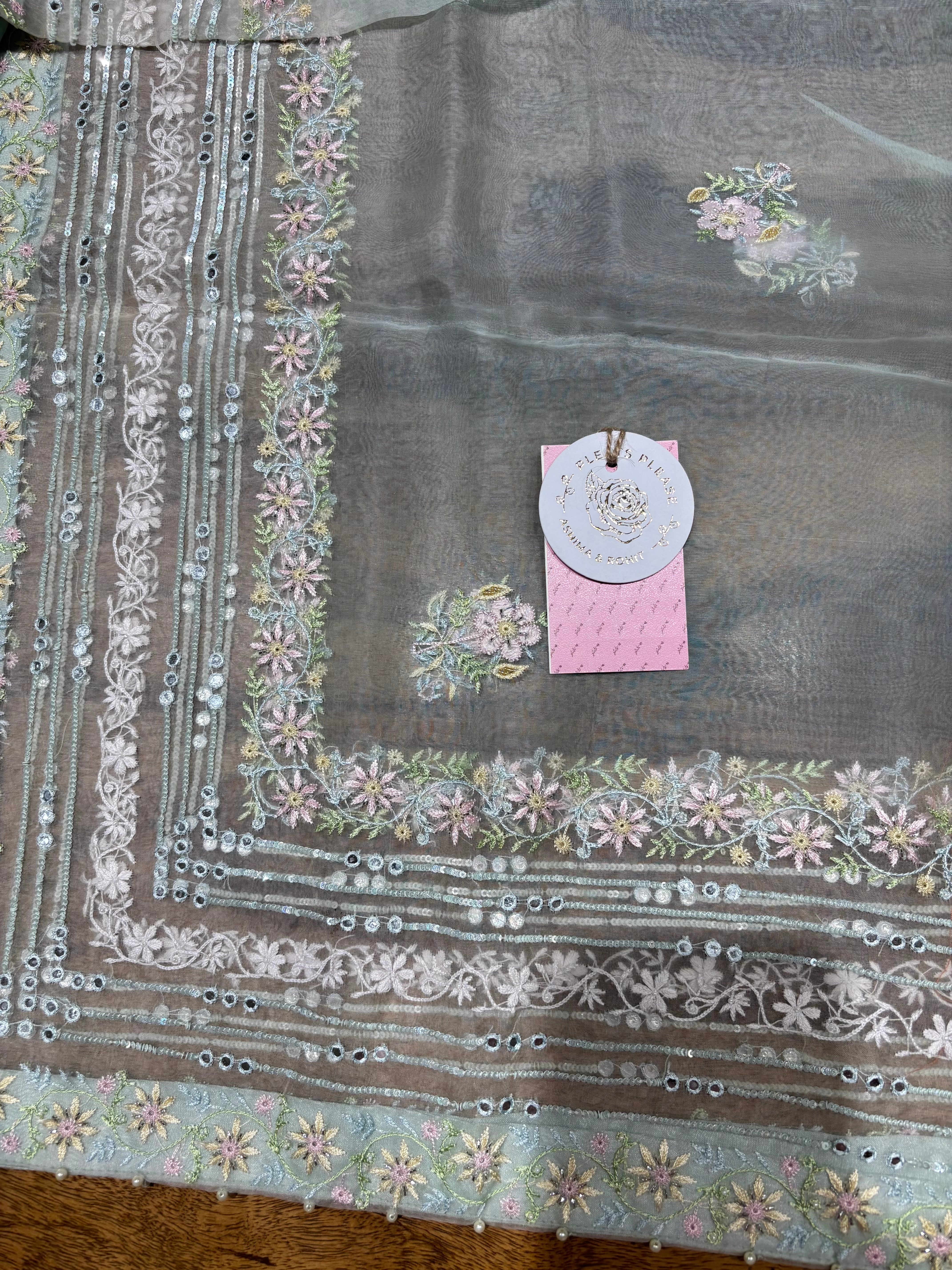 Sea Foam Pure & Premium Organza Silk Chikankari Kurta & Dupatta Fabric