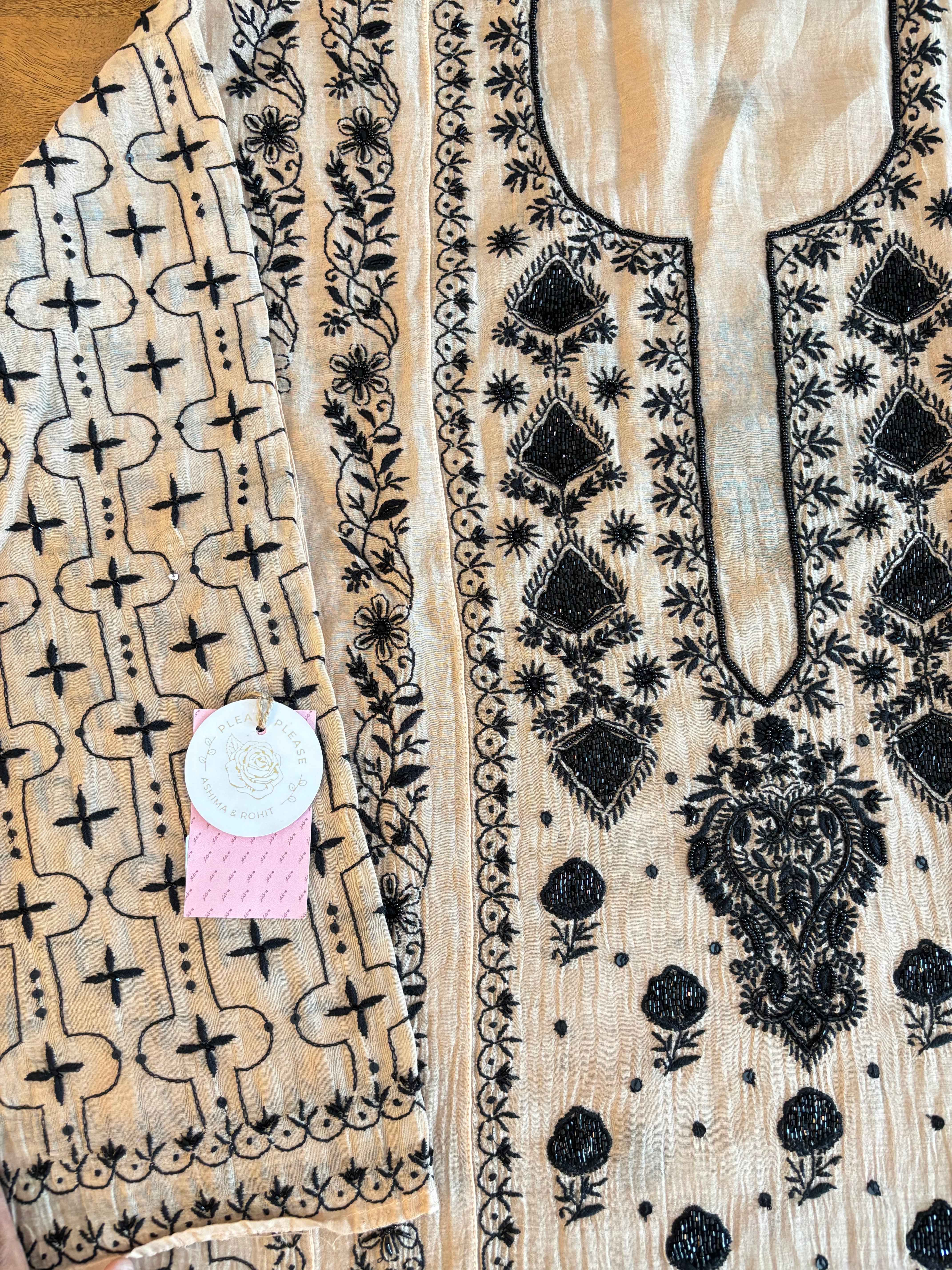 Cream peach Chanderi Mul Chikankari A-line Kurta & Dupatta