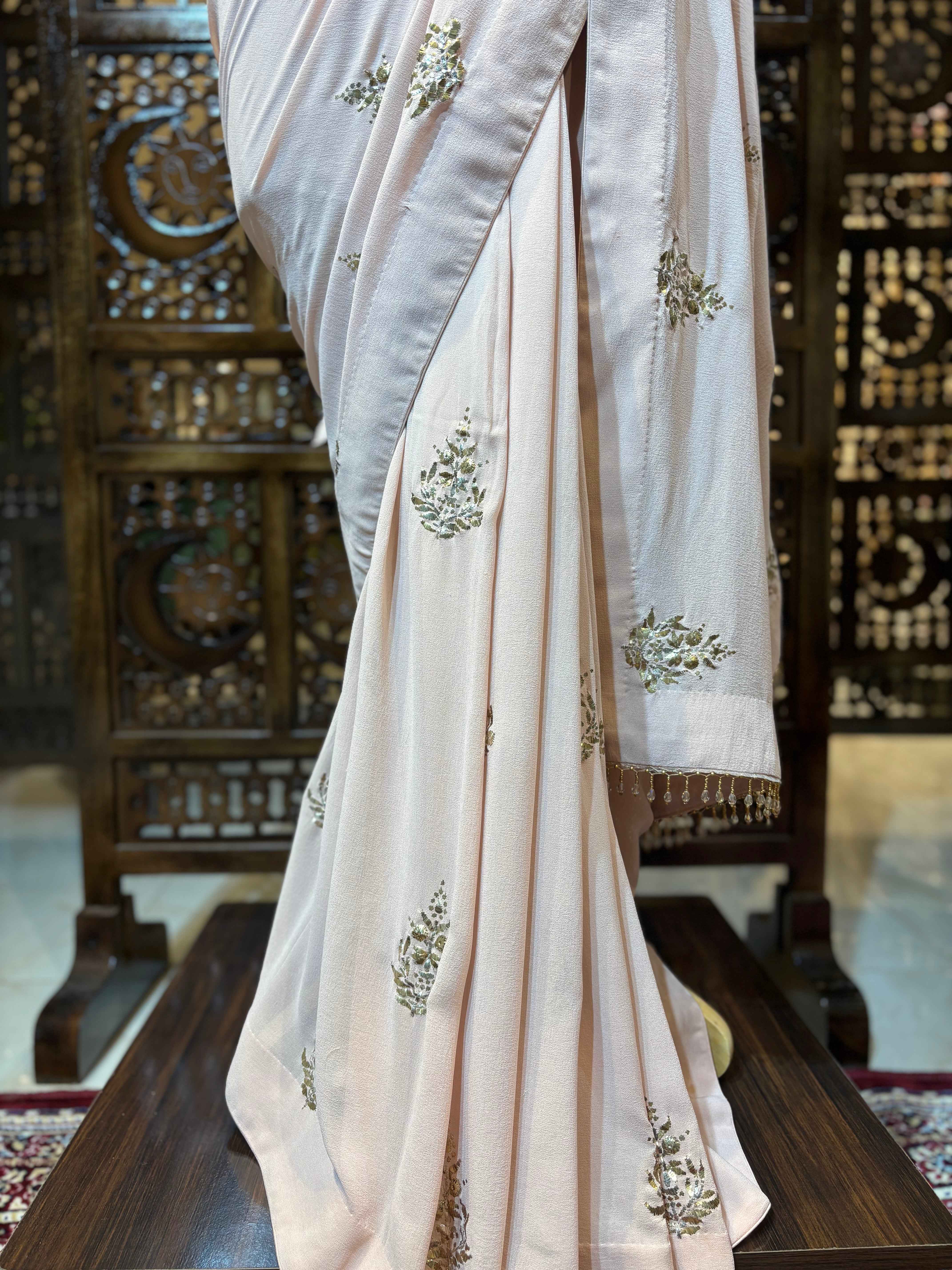 Dusty Peach Pure Georgette Badla Saree and Blouse - Pleats PleaseChikankari