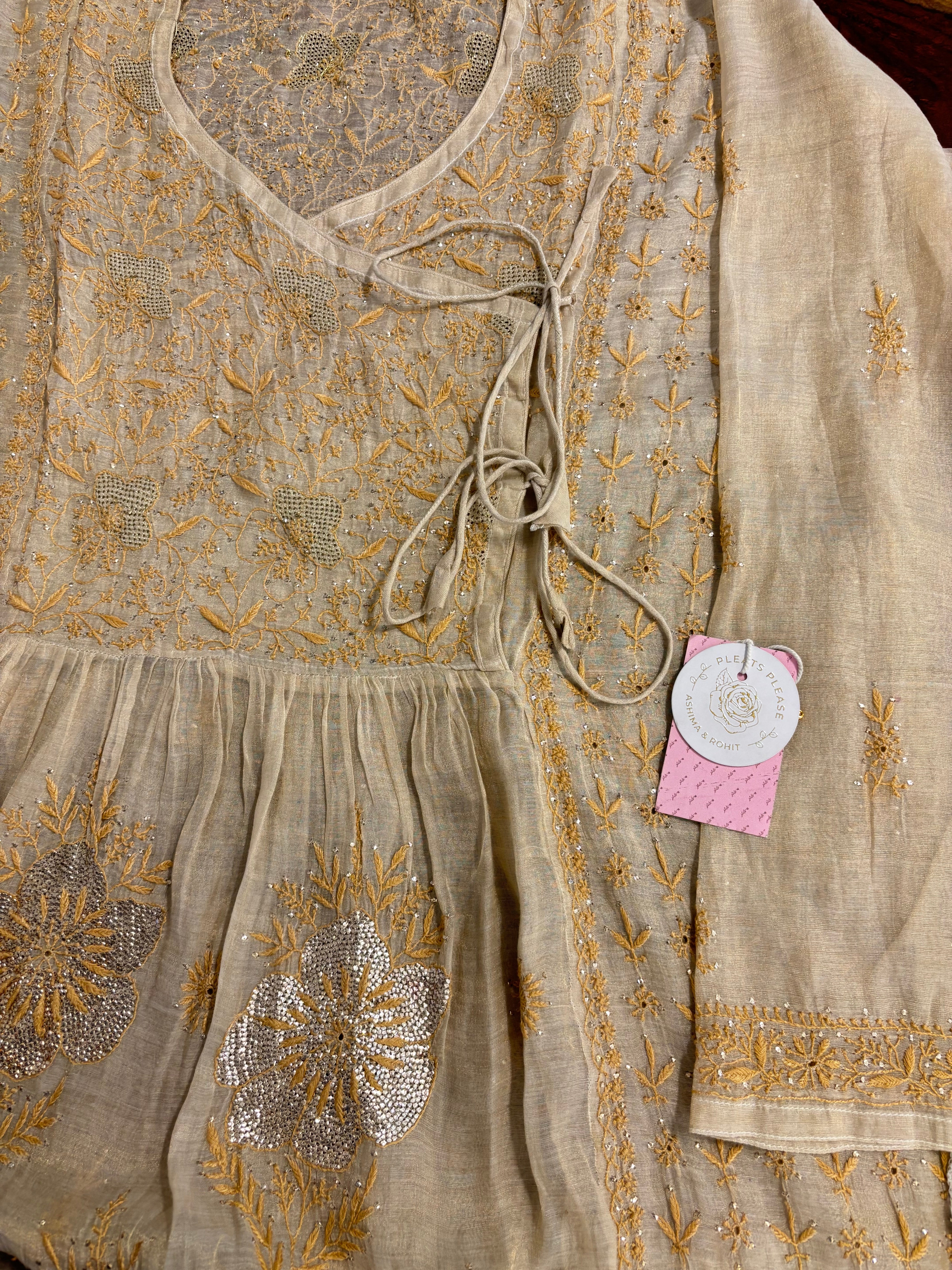 Dyeable Pure & Premium Tissue Mukaish Chikankari Angrakha Kurta & Dupatta