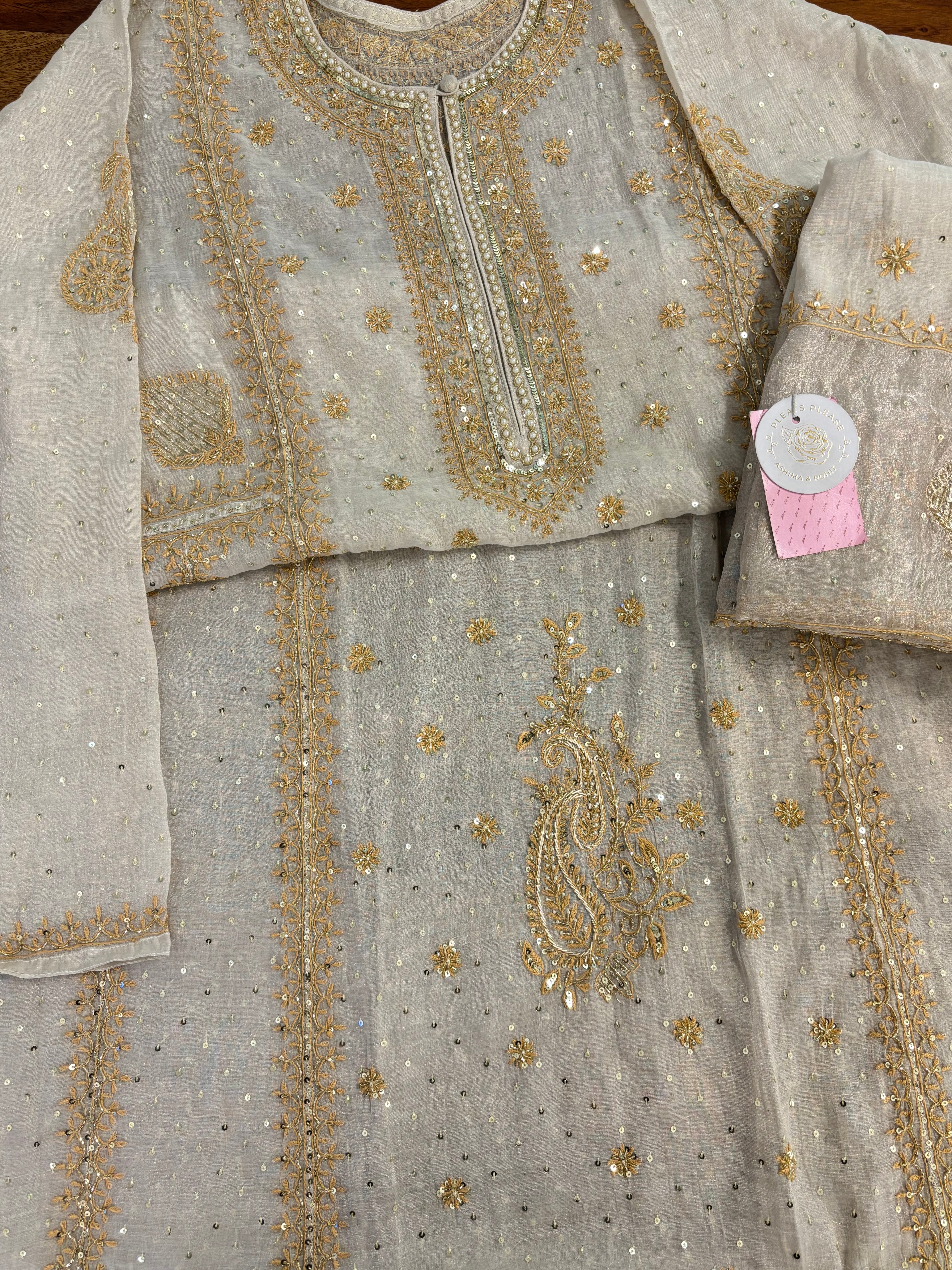 Dyeable Pearl Neckline Pure Tissue Chikankari A line Anarkali & Dupatta