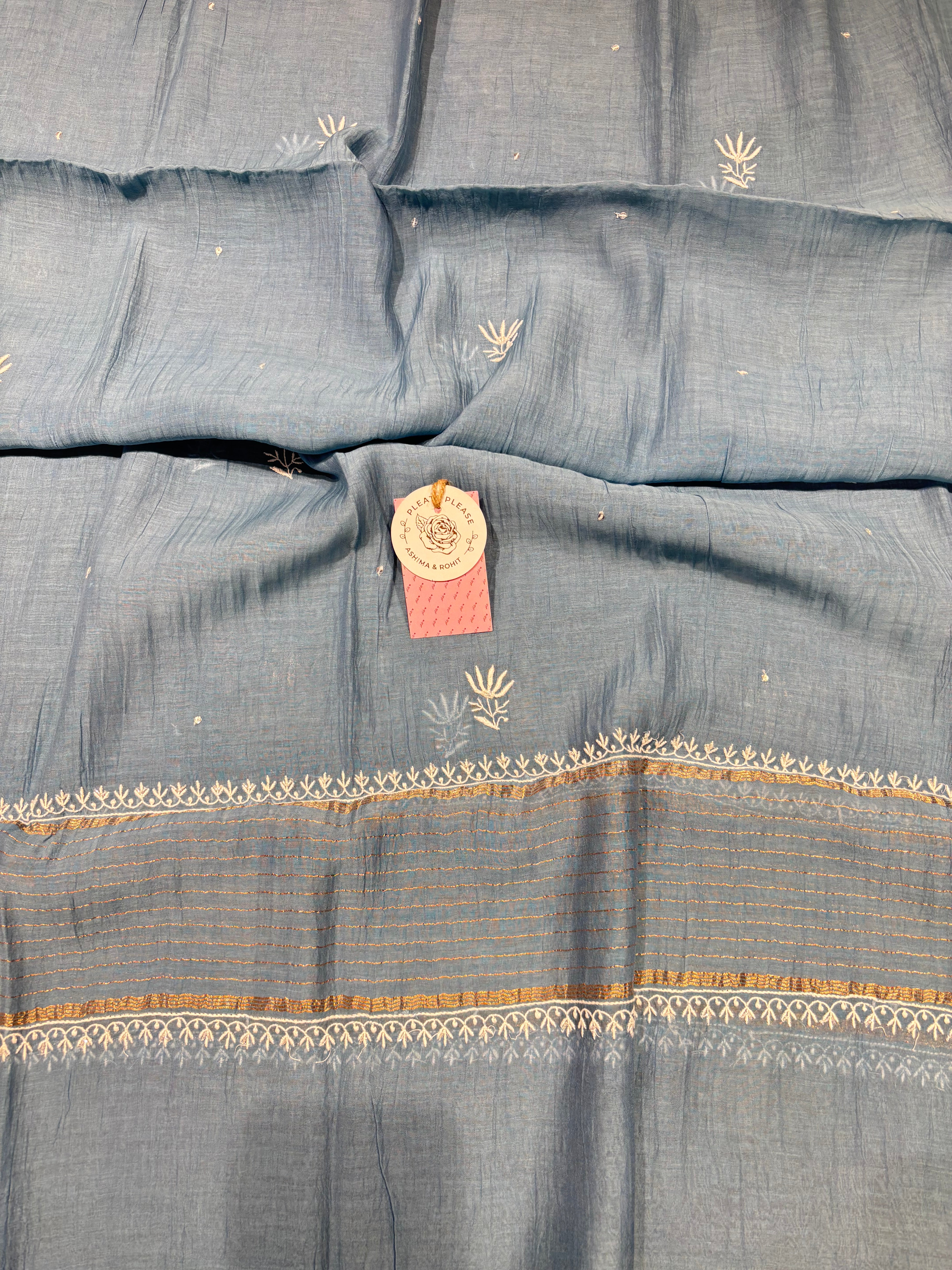 Blue Chanderi Mul Chikankari Kurta & Dupatta Set